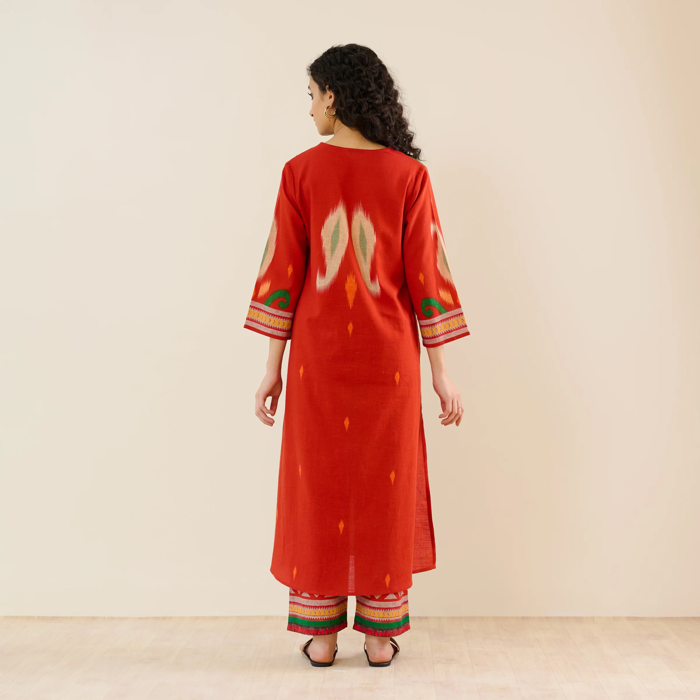 Loomlight Slub Cotton Ikat Inspired Kurta Set - Rust - Image 9