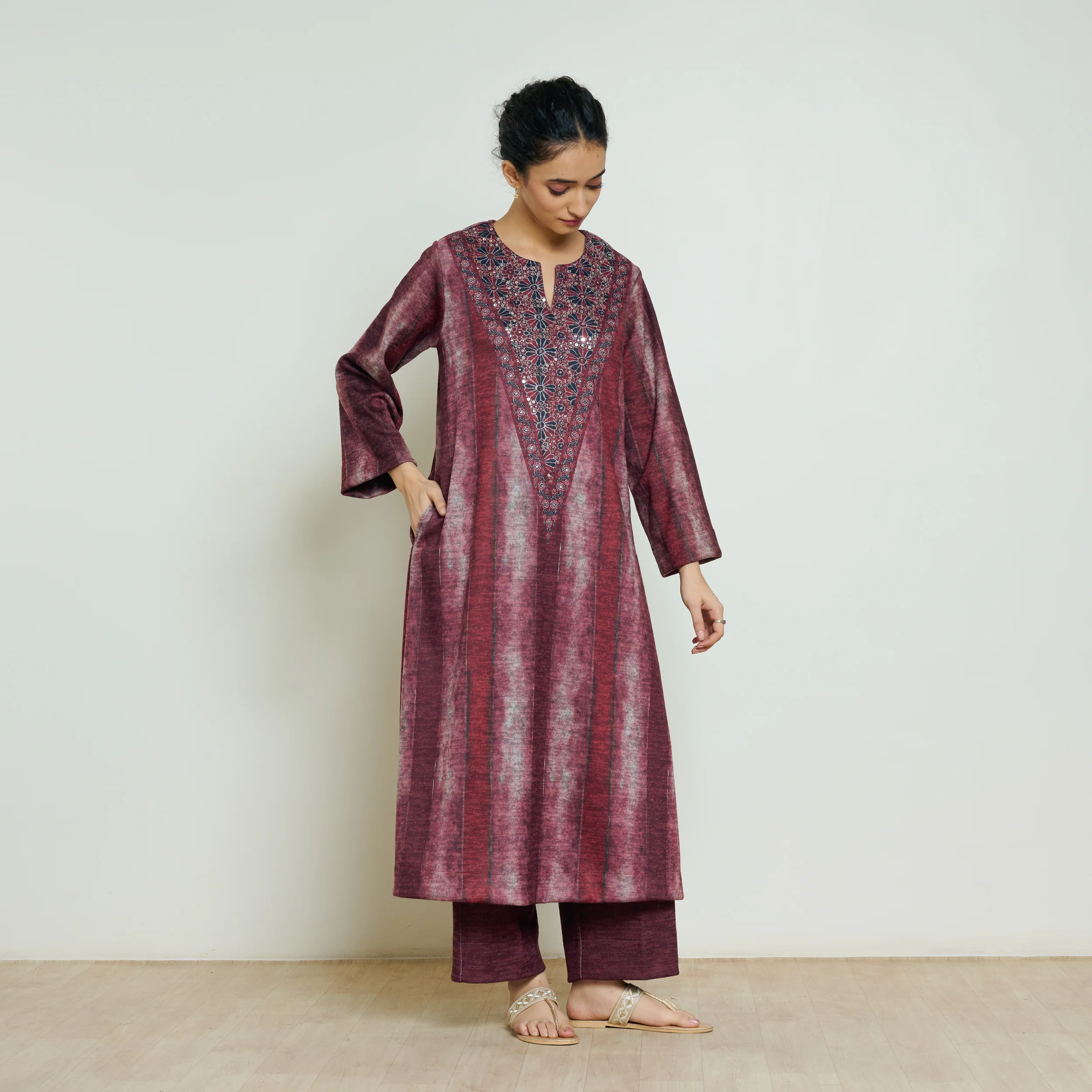Lumora Hand Embroidered Woollen Kurta - Brick Red - Image 3
