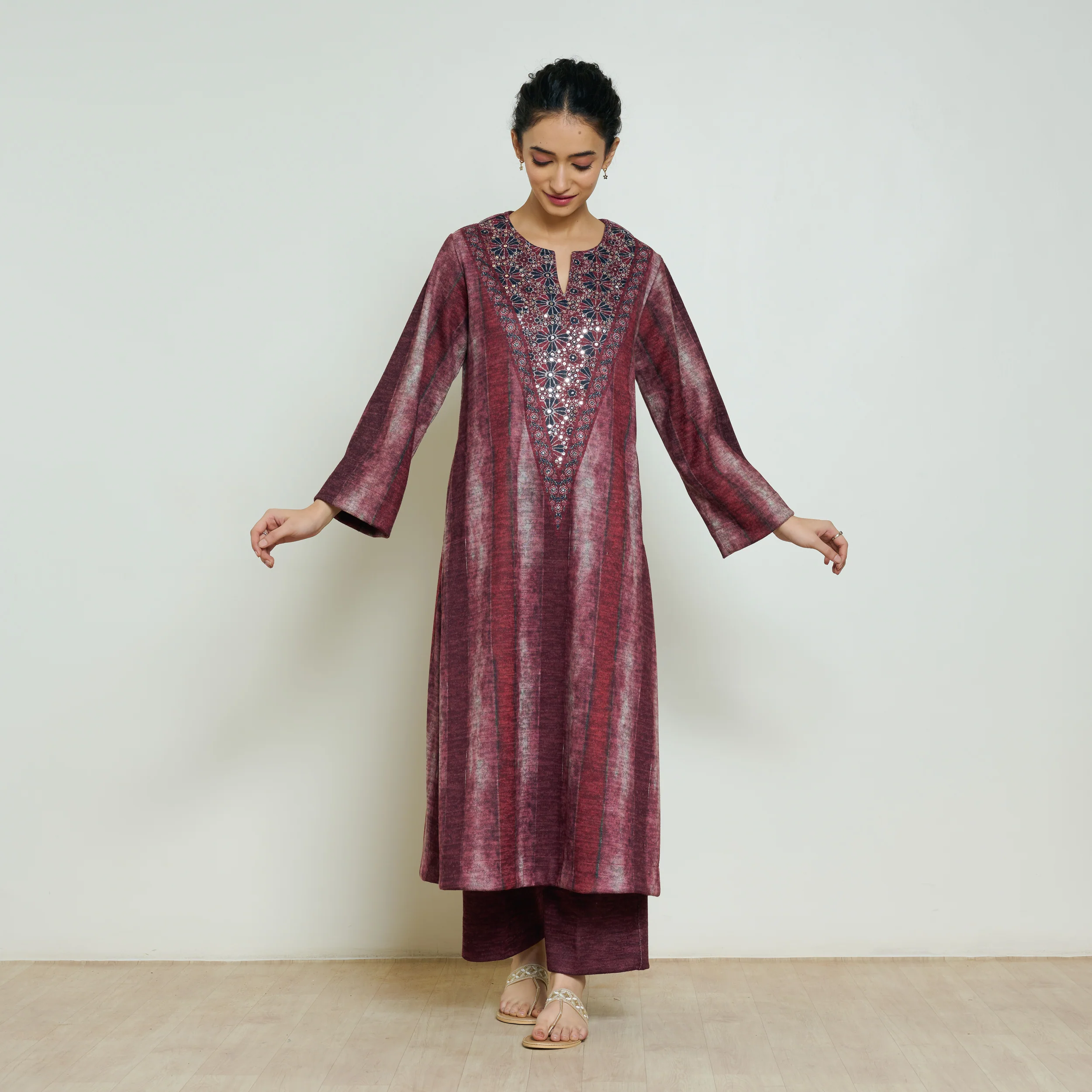 Lumora Hand Embroidered Woollen Kurta - Brick Red - Image 4