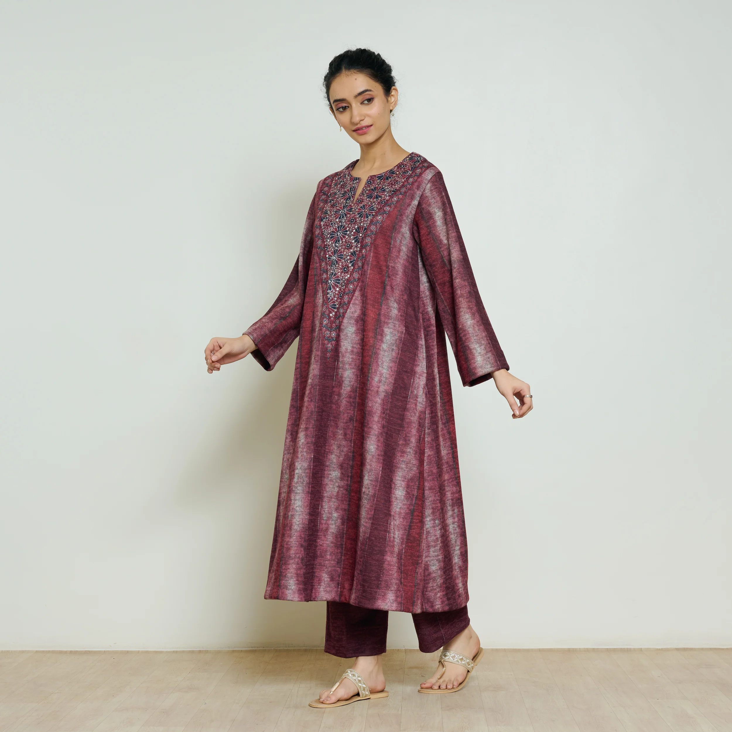 Lumora Hand Embroidered Woollen Kurta - Brick Red - Image 6