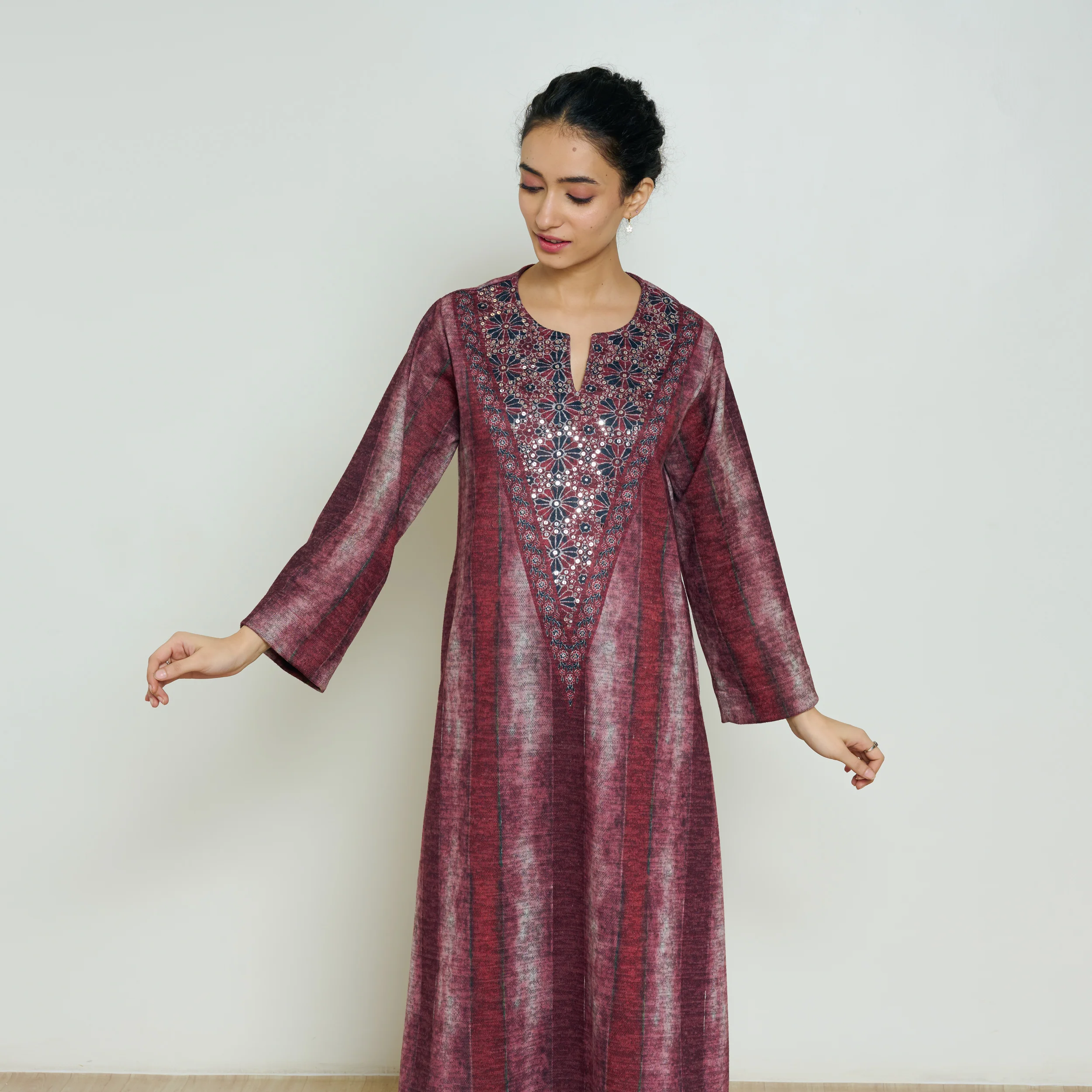 Lumora Hand Embroidered Woollen Kurta - Brick Red - Image 8