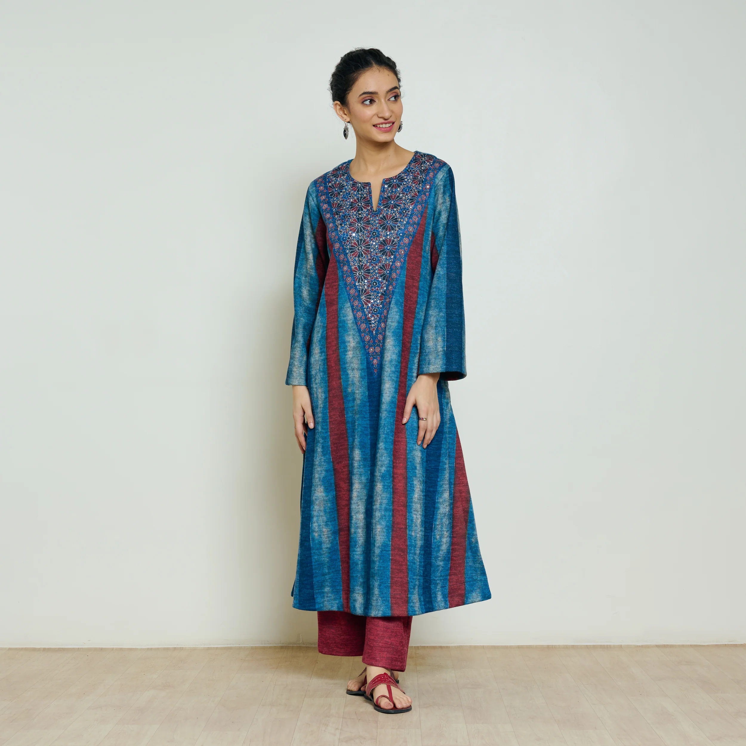 Lumora Hand Embroidered Woollen Kurta - Indigo Blue - Image 8