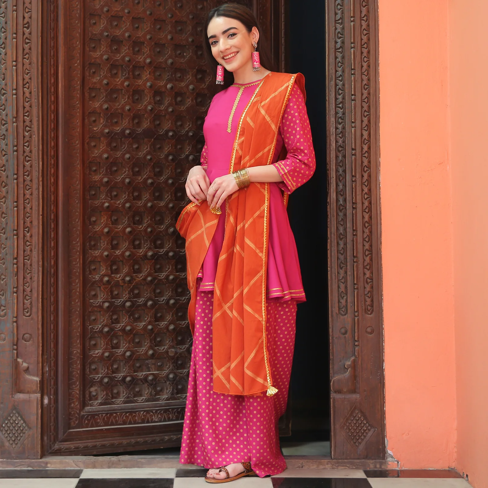Magenta Festive Gold Printed Peplum Sharara Dupatta Set - Image 3