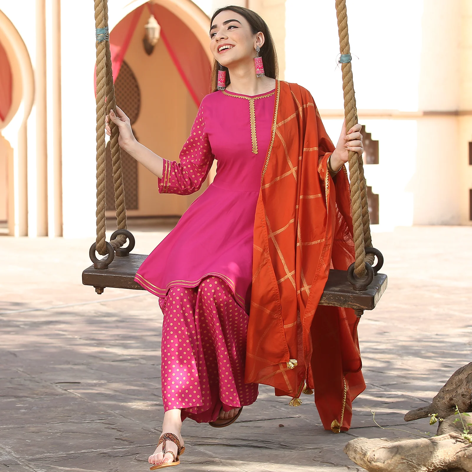 Magenta Festive Gold Printed Peplum Sharara Dupatta Set - Image 4