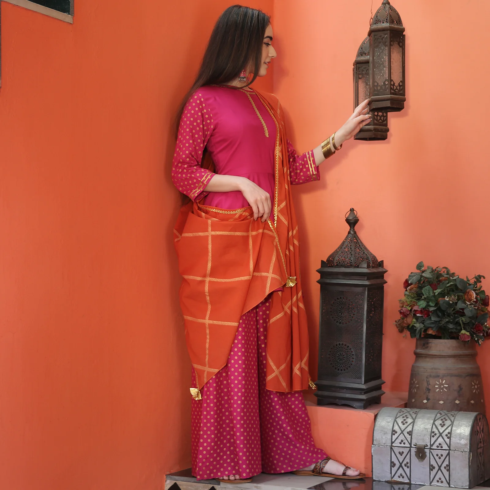 Magenta Festive Gold Printed Peplum Sharara Dupatta Set - Image 5