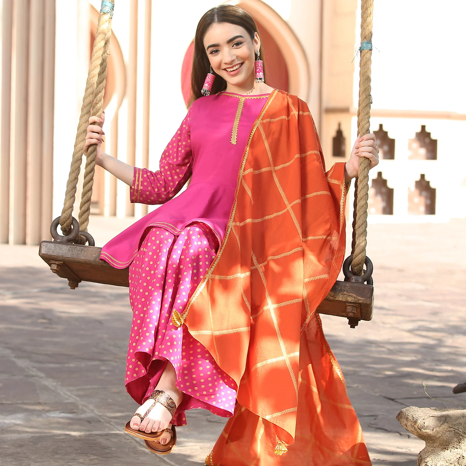 Magenta Festive Gold Printed Peplum Sharara Dupatta Set - Image 6