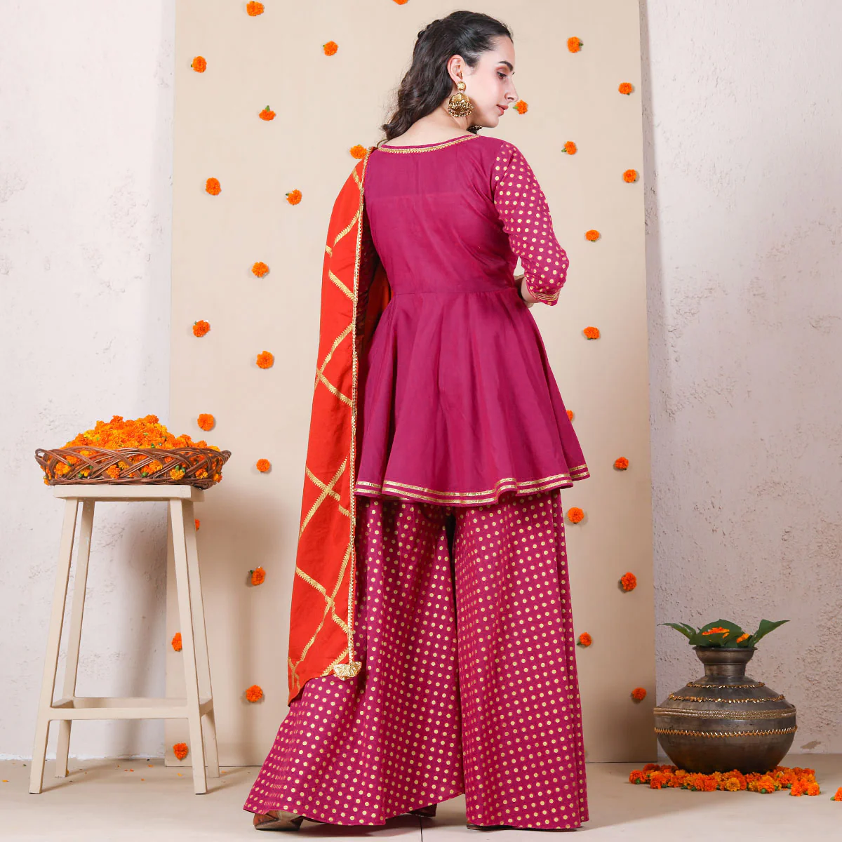 Magenta Festive Gold Printed Peplum Sharara Dupatta Set - Image 7