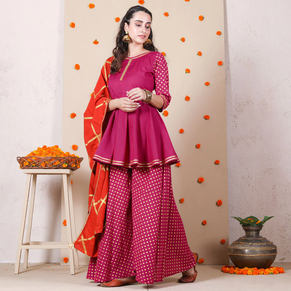 Magenta Festive Gold Printed Peplum Sharara Dupatta Set - Image 8