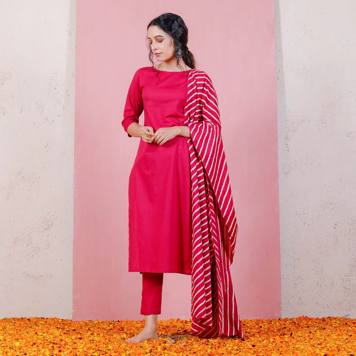 Magenta Kurta Set for Women with Straight Pants & Dupatta - Image 3