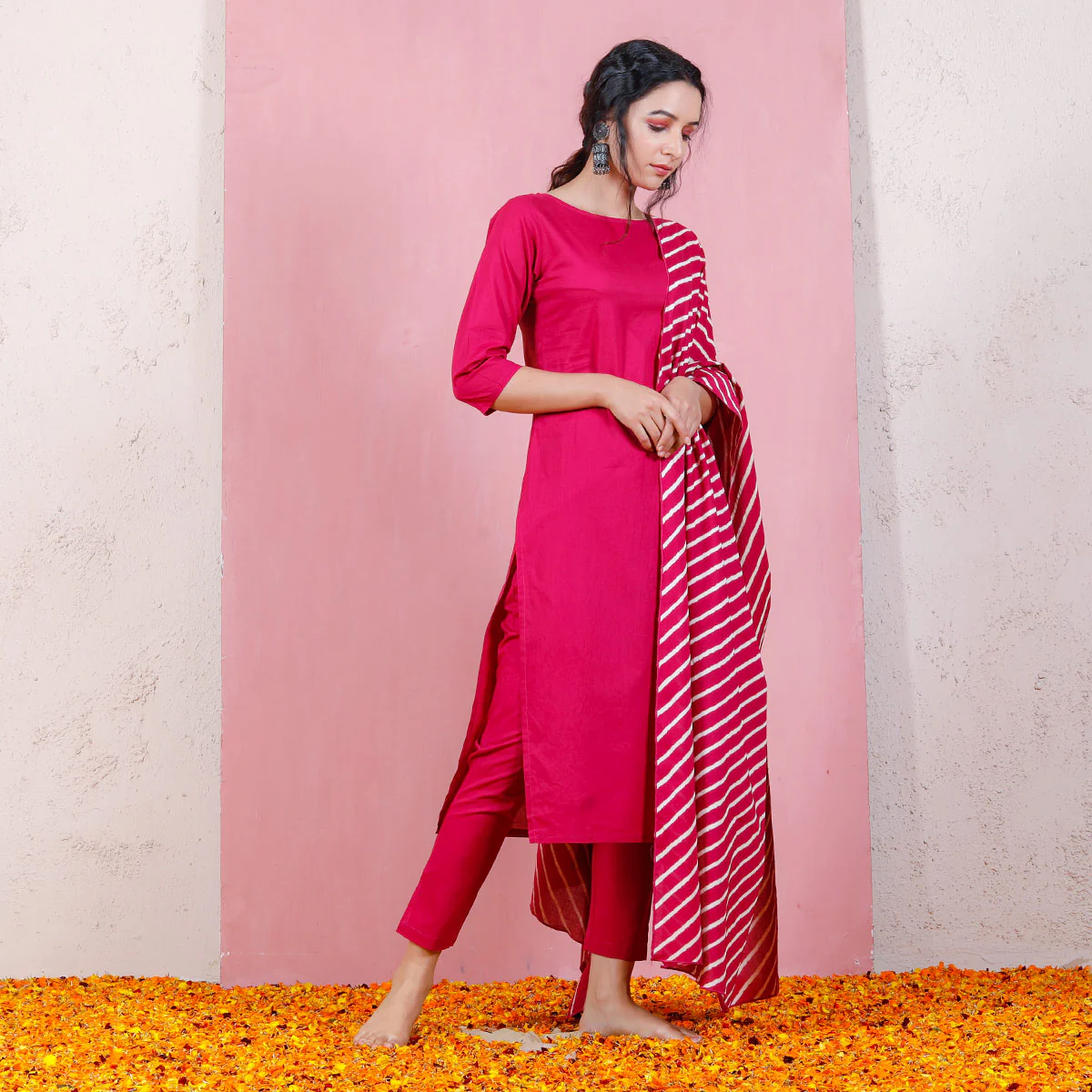 Magenta Kurta Set for Women with Straight Pants & Dupatta - Image 5