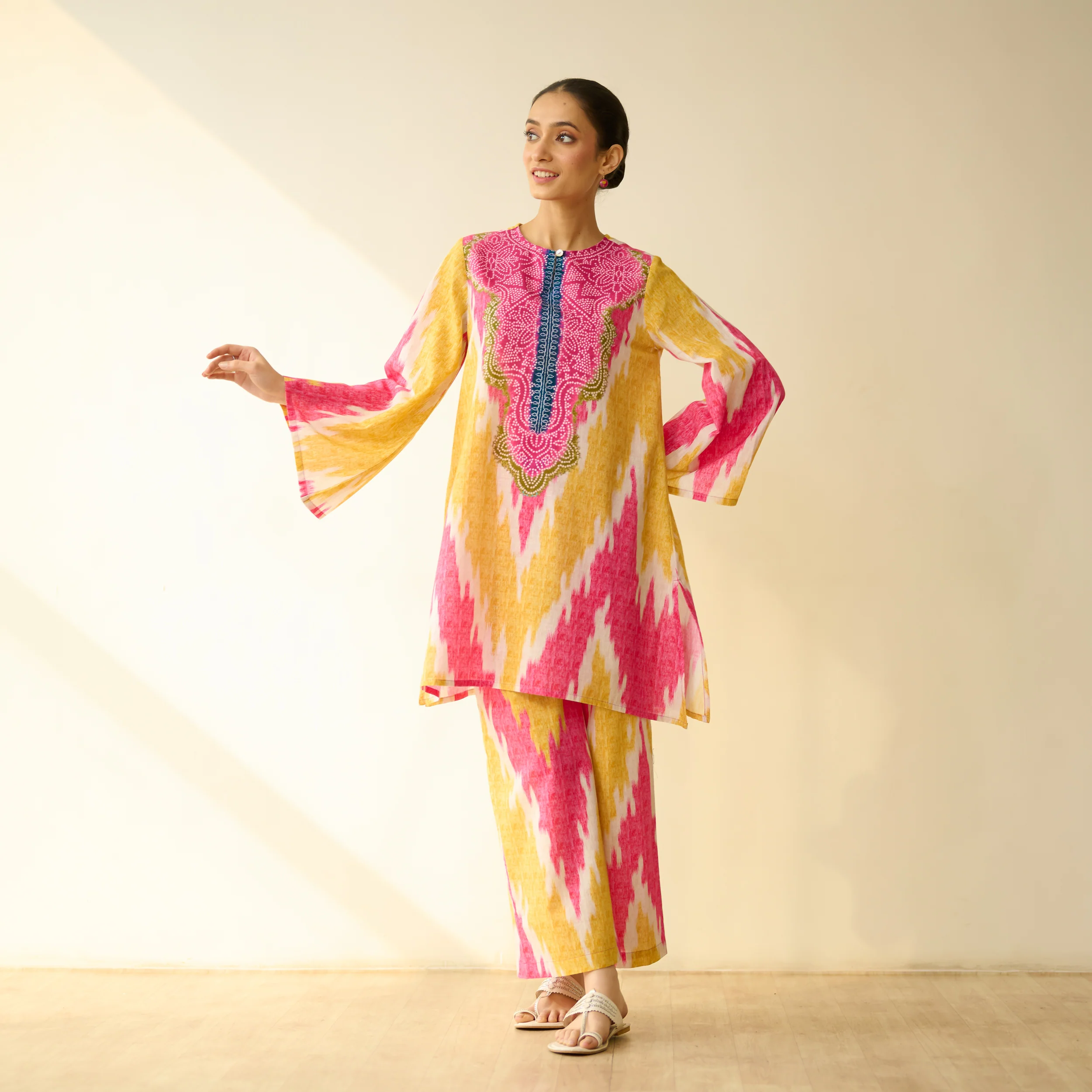 Malti Slub Cotton Coord Set - Turmeric & Candy Pink - Image 3