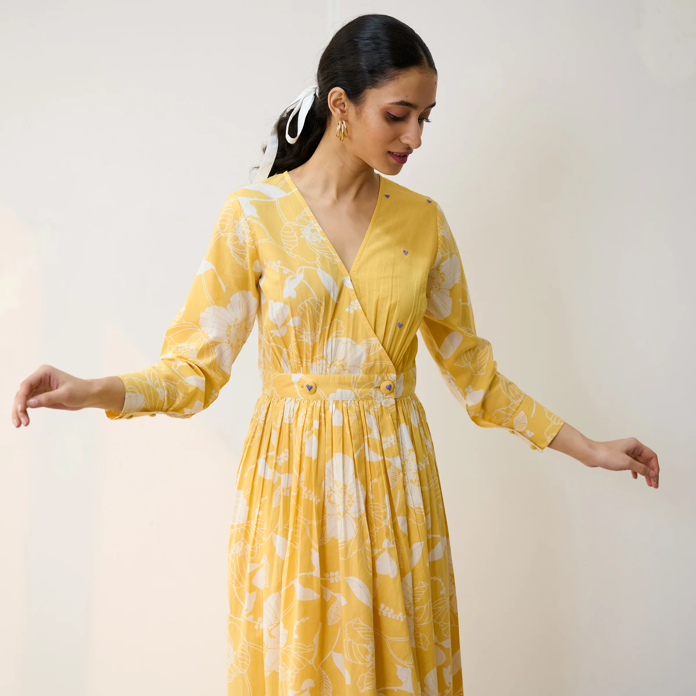 Mango Yellow Ayesha Cotton Overlap Dress with Hand Embroidery Detail - Image 3
