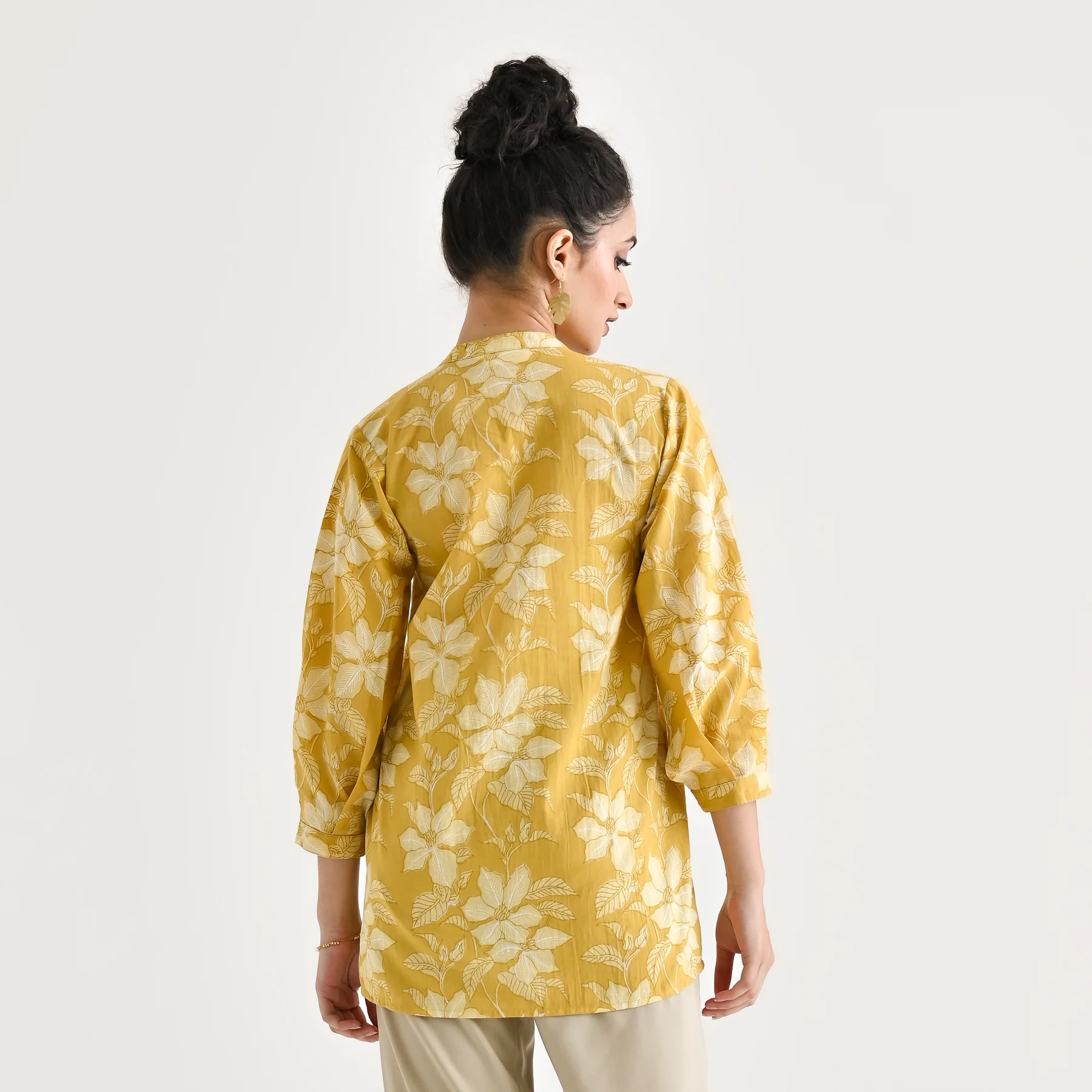 Mango Yellow Breezy Sanganeri Floral Cotton Tunic with Pintuck Detail - Image 10