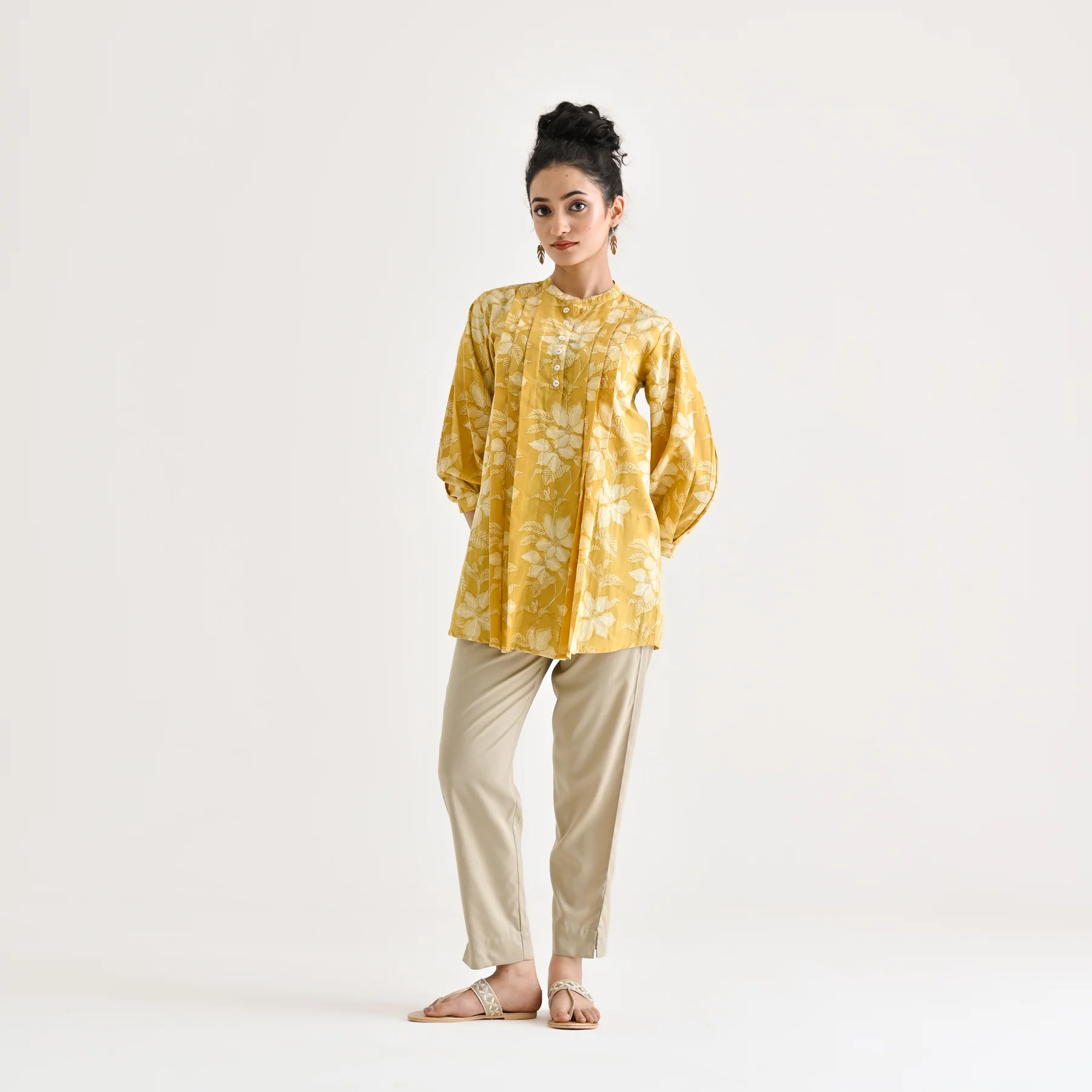 Mango Yellow Breezy Sanganeri Floral Cotton Tunic with Pintuck Detail - Image 3