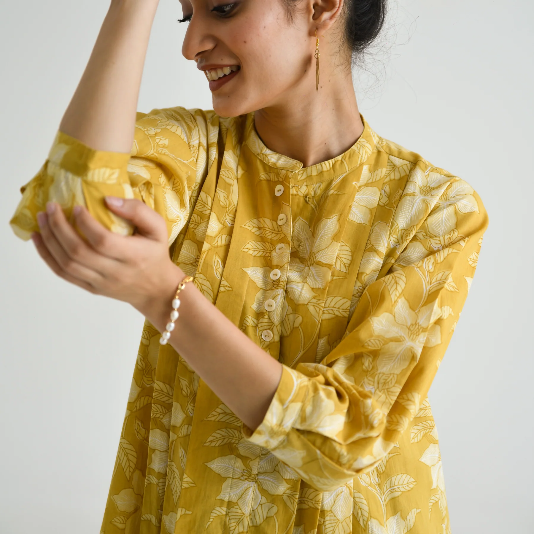 Mango Yellow Breezy Sanganeri Floral Cotton Tunic with Pintuck Detail - Image 4