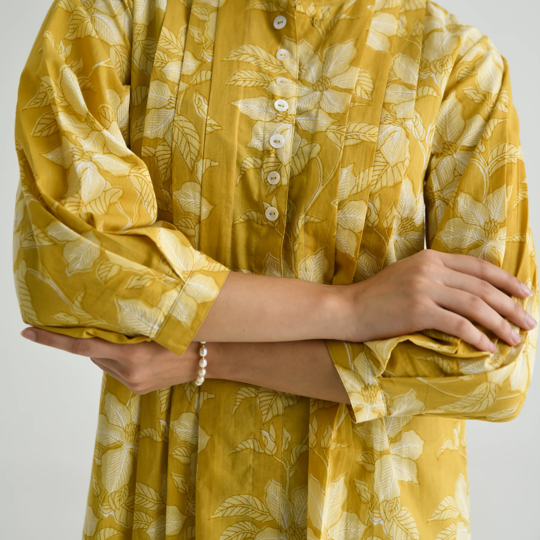 Mango Yellow Breezy Sanganeri Floral Cotton Tunic with Pintuck Detail - Image 5