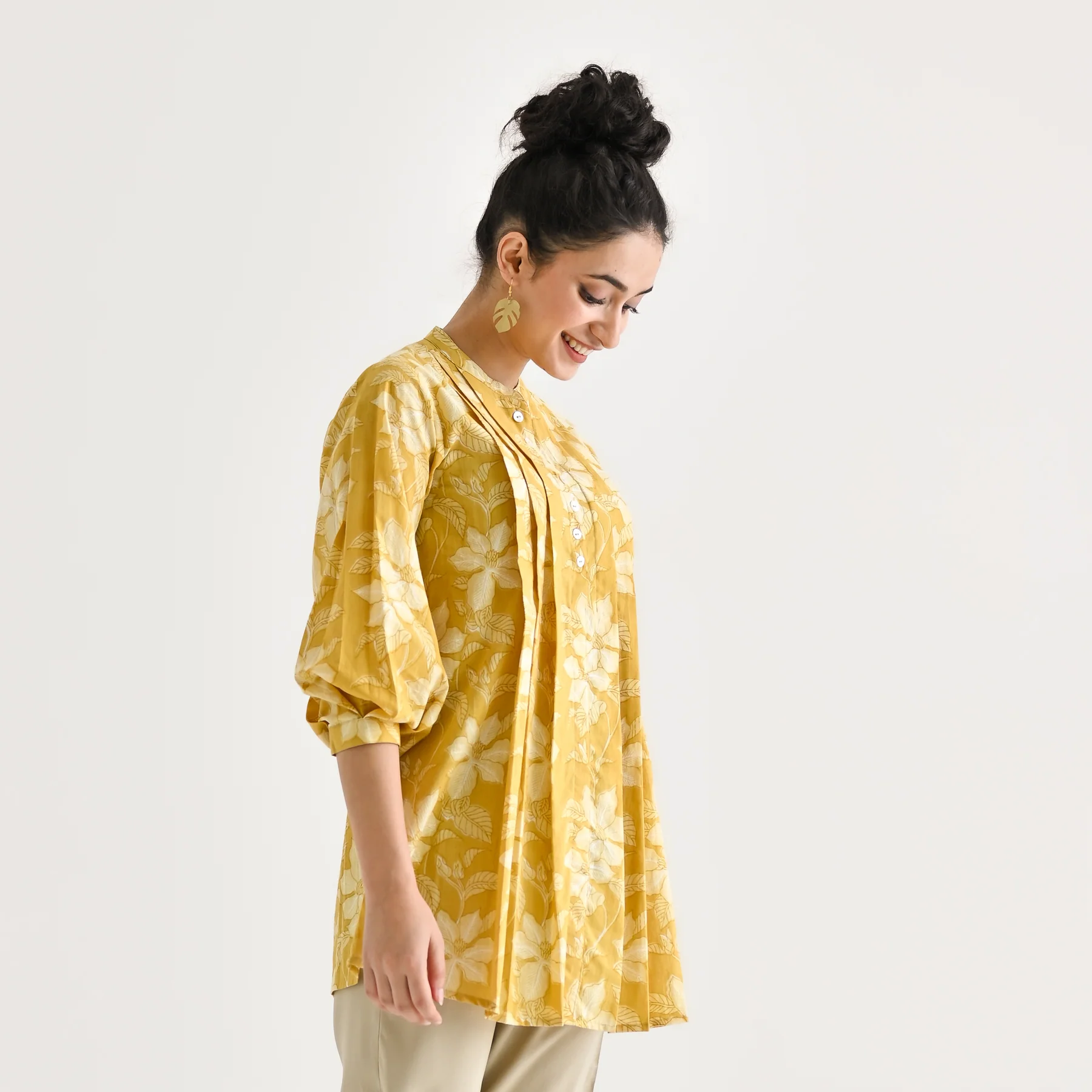 Mango Yellow Breezy Sanganeri Floral Cotton Tunic with Pintuck Detail - Image 6