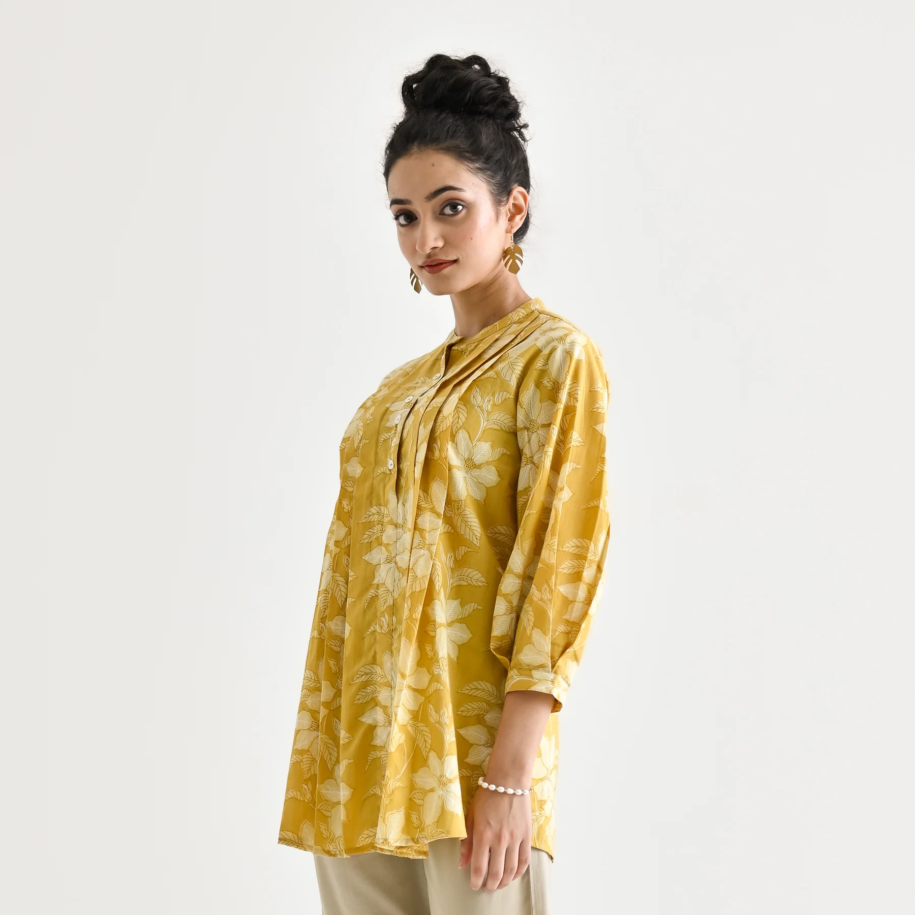 Mango Yellow Breezy Sanganeri Floral Cotton Tunic with Pintuck Detail - Image 7