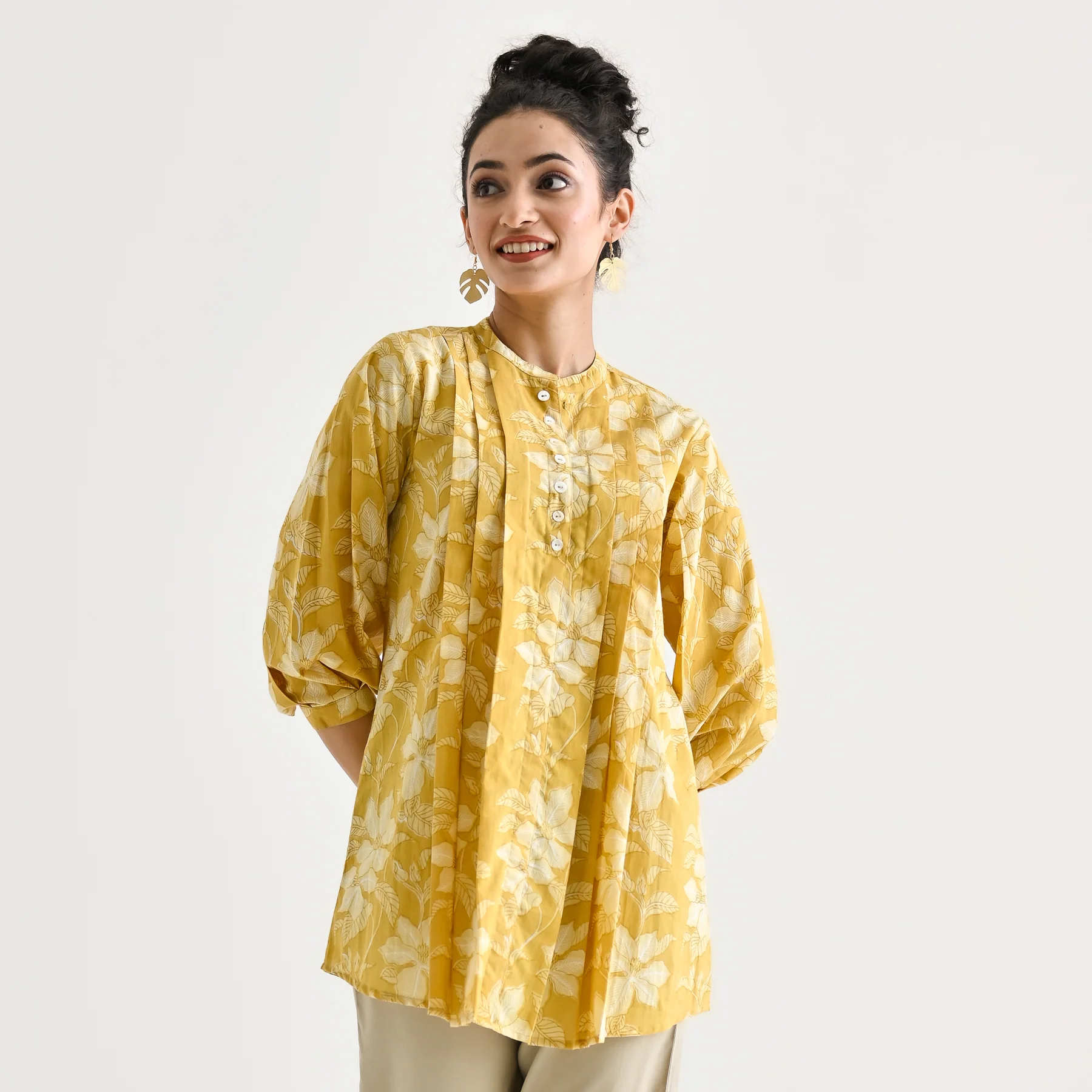 Mango Yellow Breezy Sanganeri Floral Cotton Tunic with Pintuck Detail - Image 8