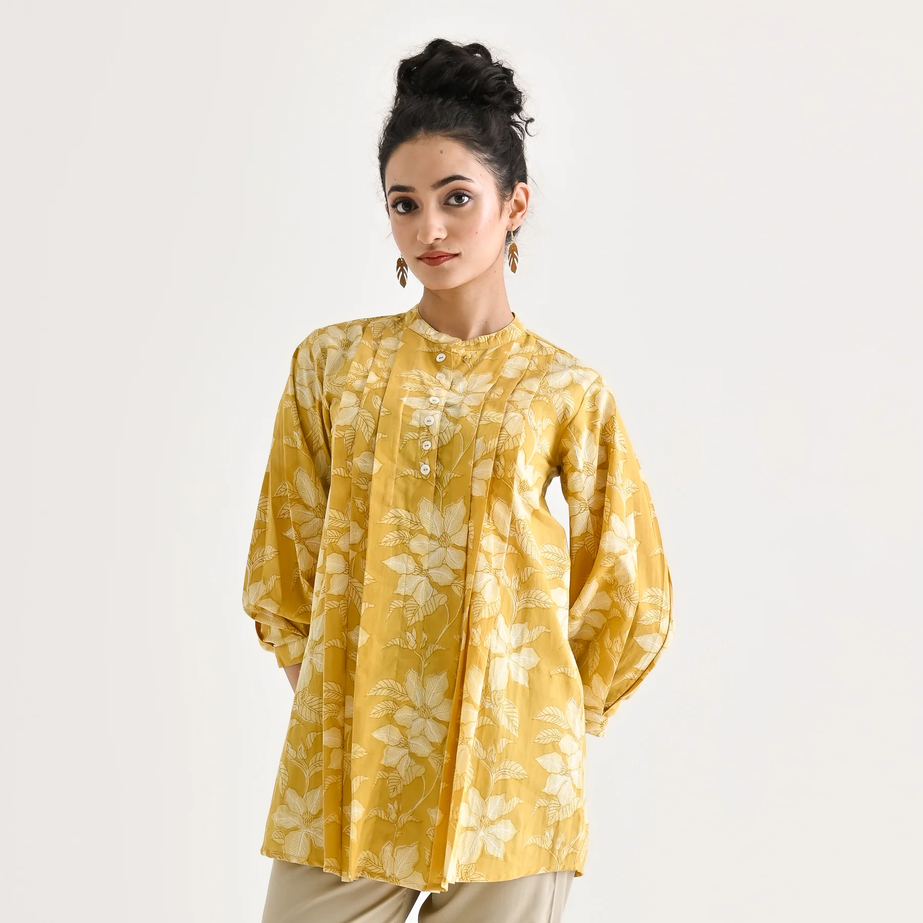 Mango Yellow Breezy Sanganeri Floral Cotton Tunic with Pintuck Detail - Image 9
