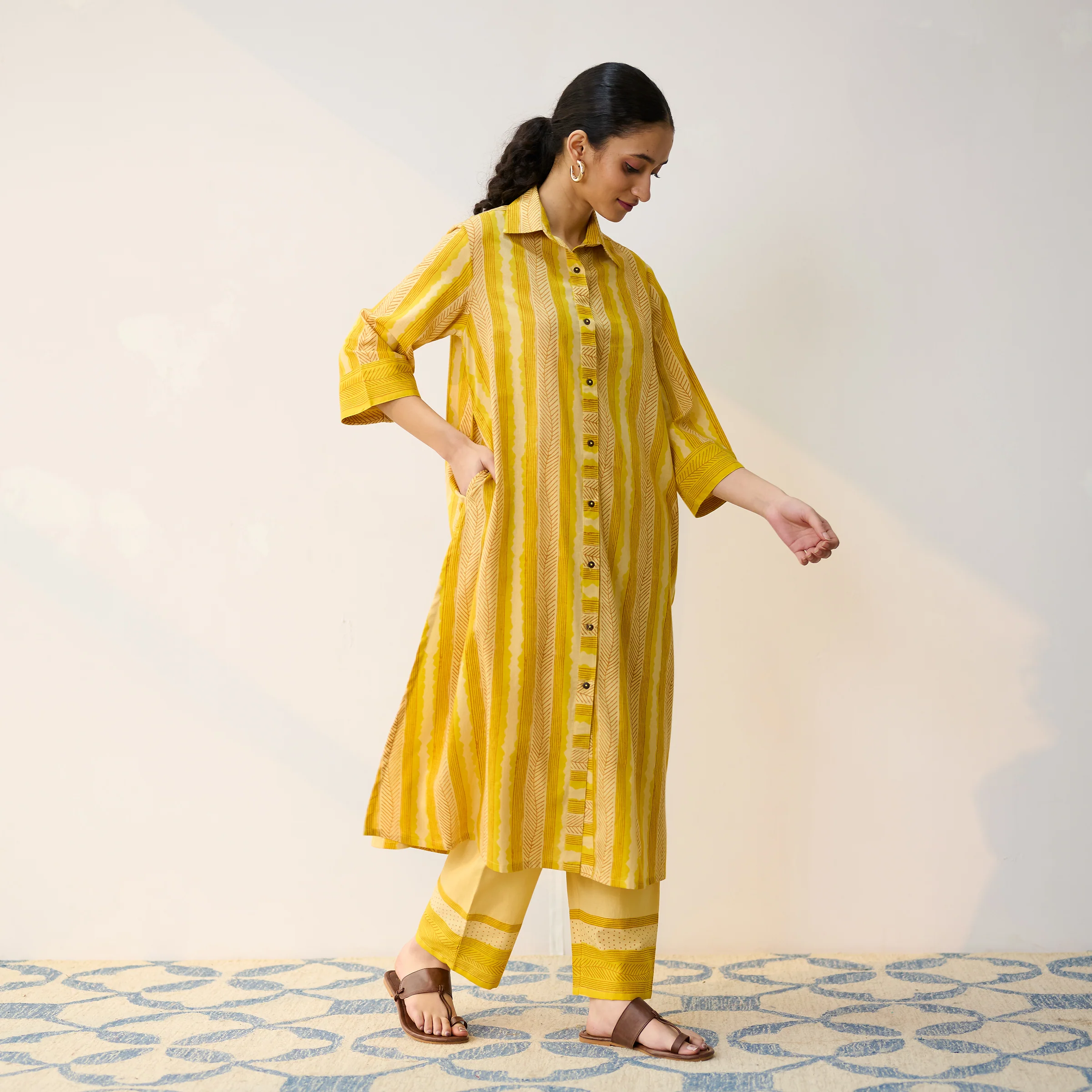 Mango Yellow Cotton Shirt Kurta with Pant - Image 5