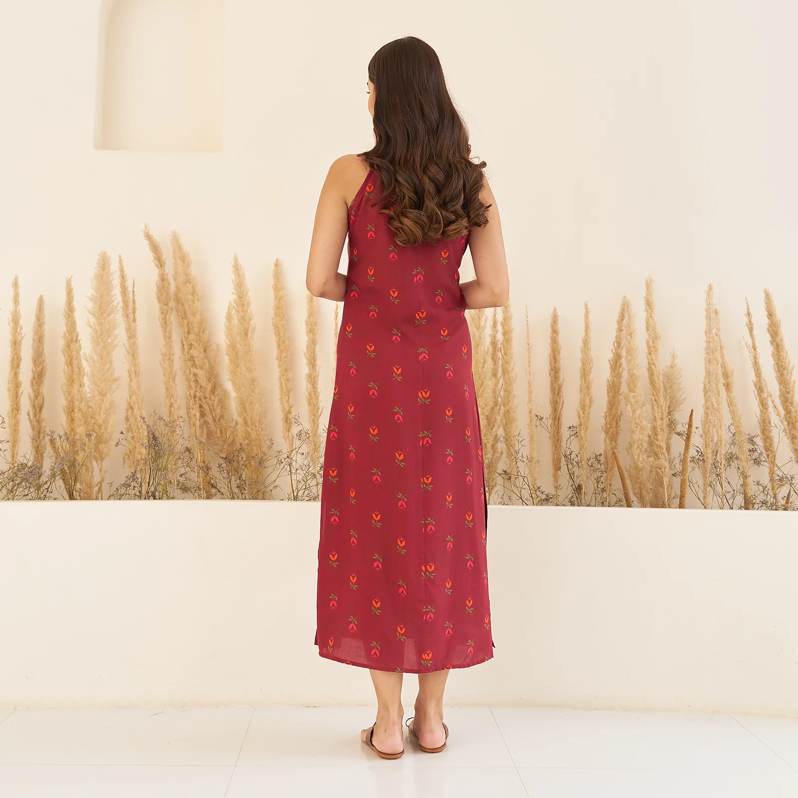 Maroon A-Line Spaghetti Dress with Floral Shrug - Image 10