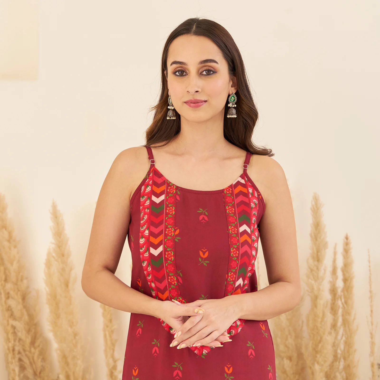 Maroon A-Line Spaghetti Dress with Floral Shrug - Image 11