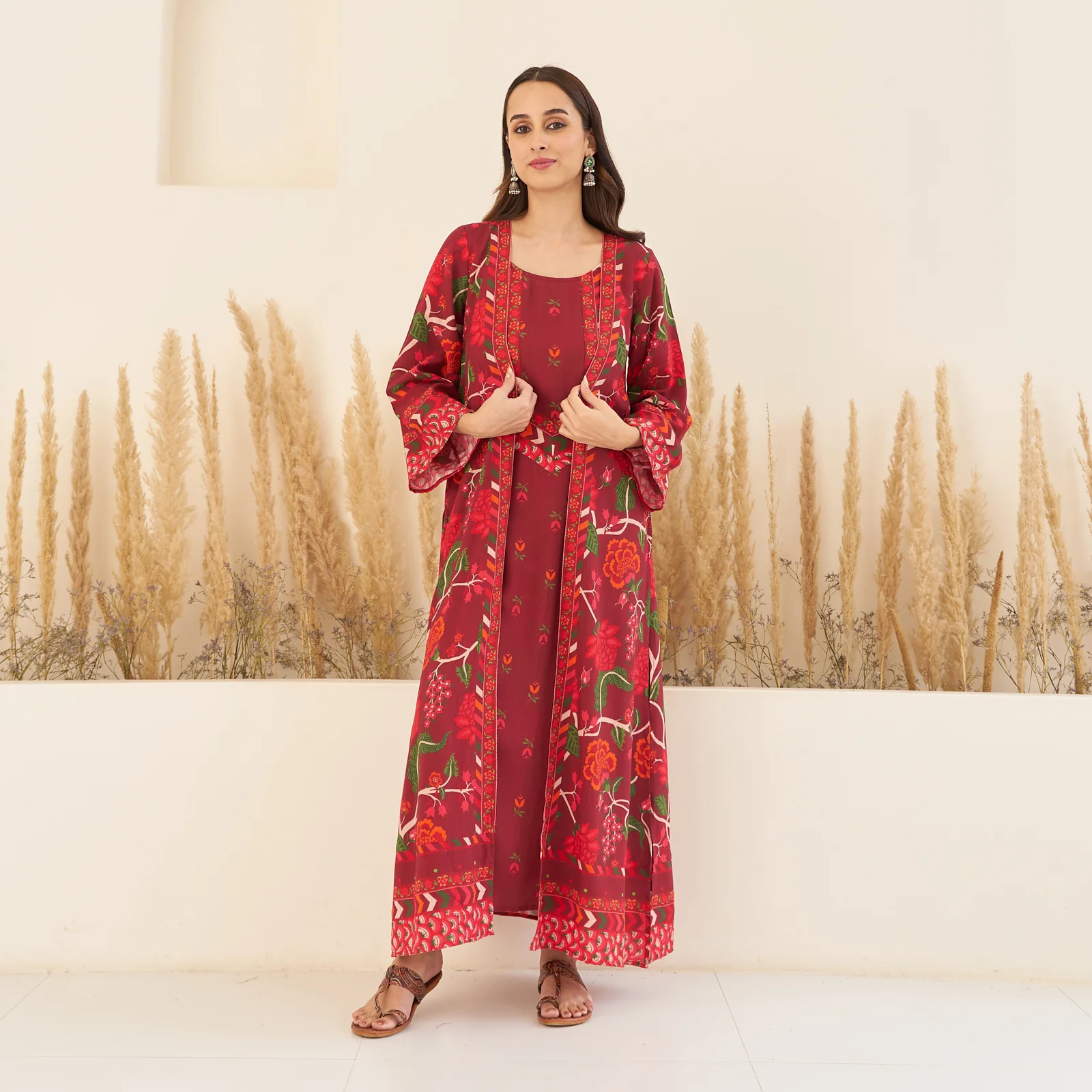 Maroon A-Line Spaghetti Dress with Floral Shrug - Image 3