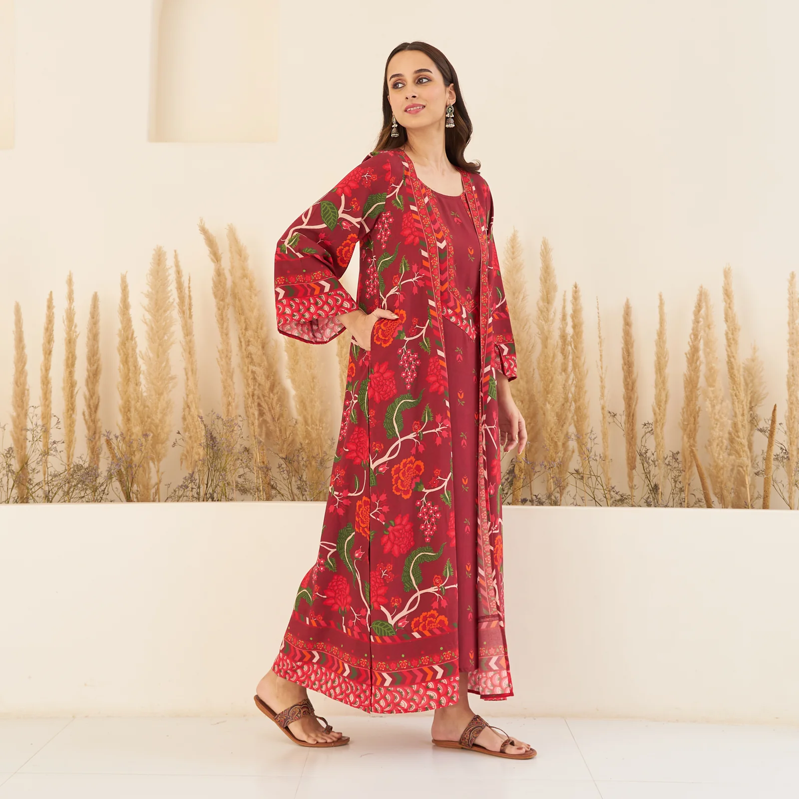 Maroon A-Line Spaghetti Dress with Floral Shrug - Image 4