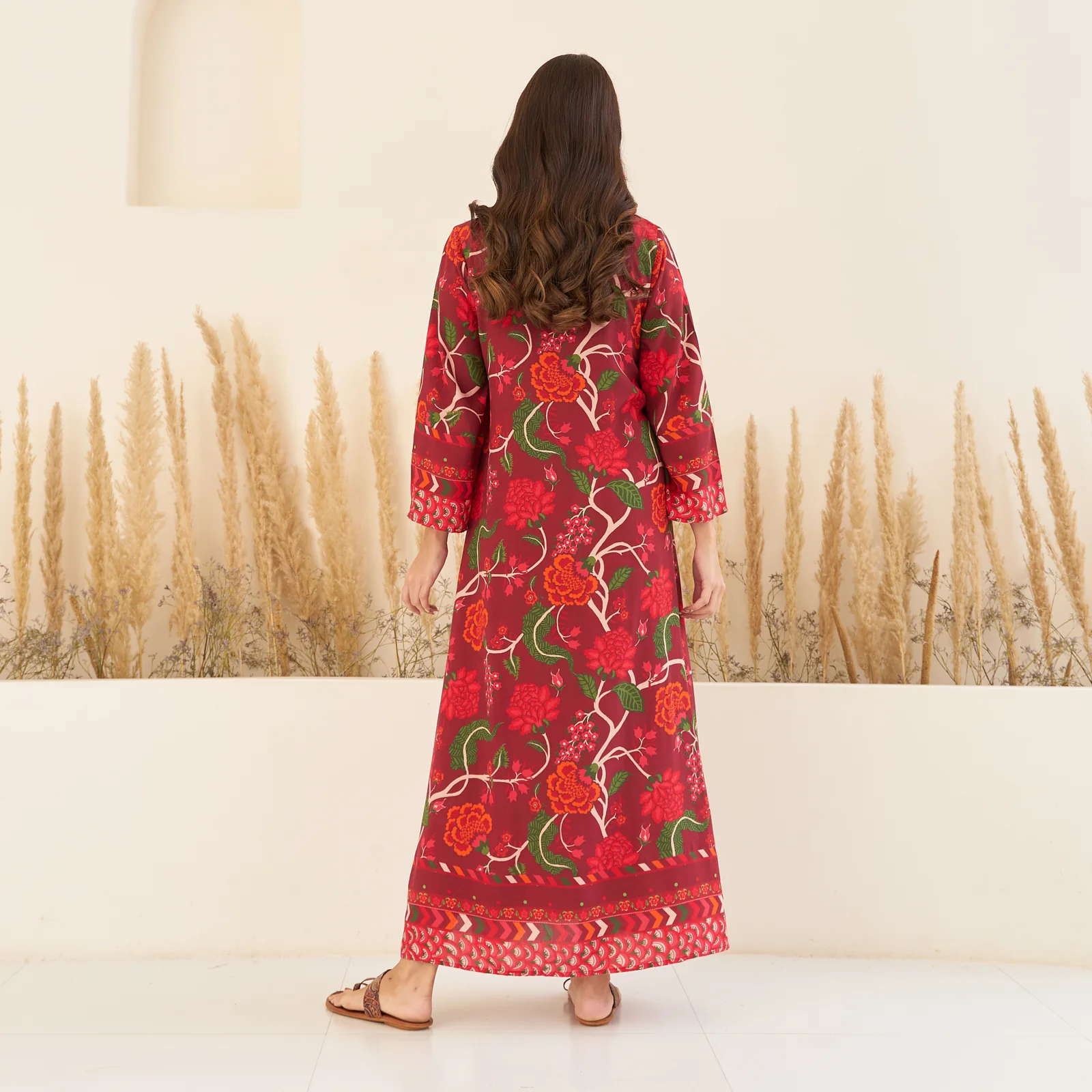 Maroon A-Line Spaghetti Dress with Floral Shrug - Image 6