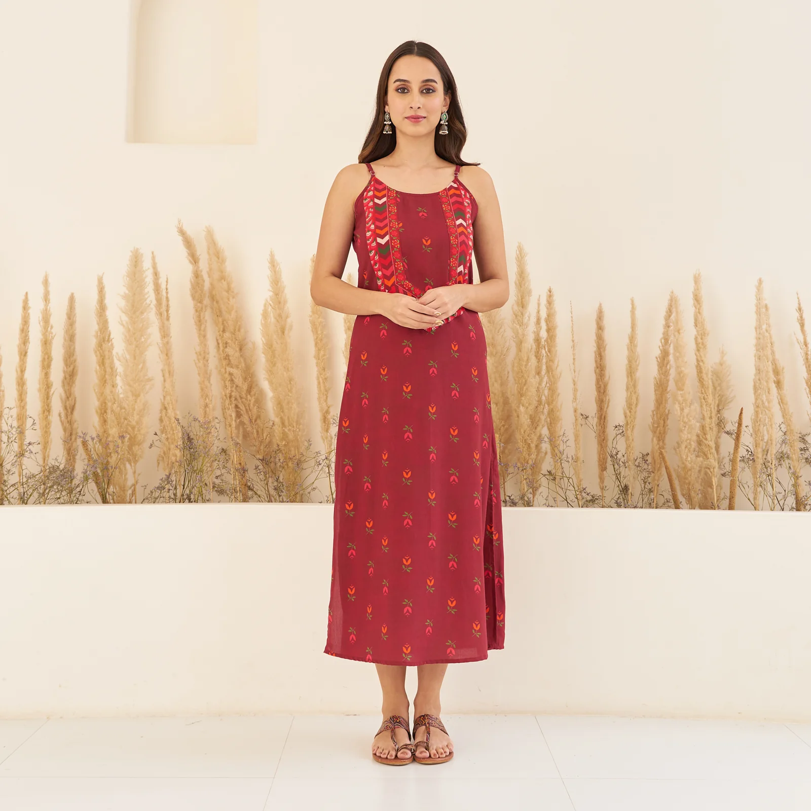 Maroon A-Line Spaghetti Dress with Floral Shrug - Image 7