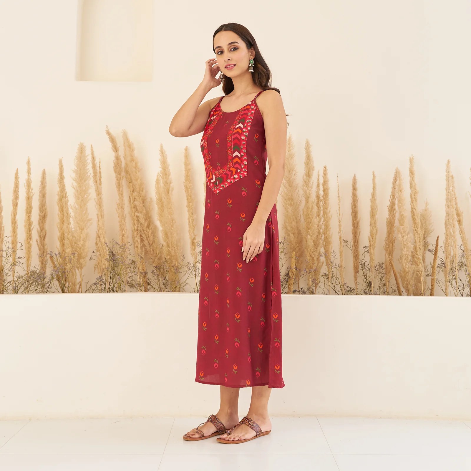 Maroon A-Line Spaghetti Dress with Floral Shrug - Image 8