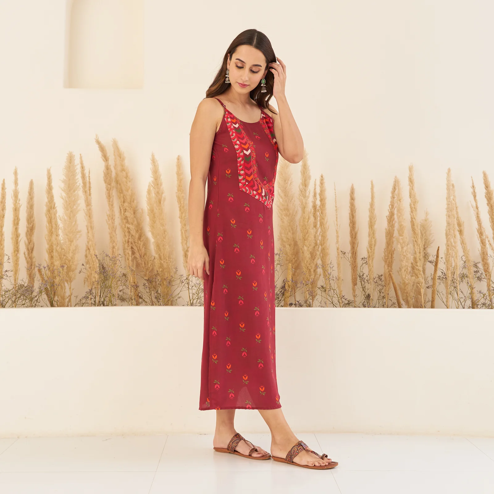 Maroon A-Line Spaghetti Dress with Floral Shrug - Image 9