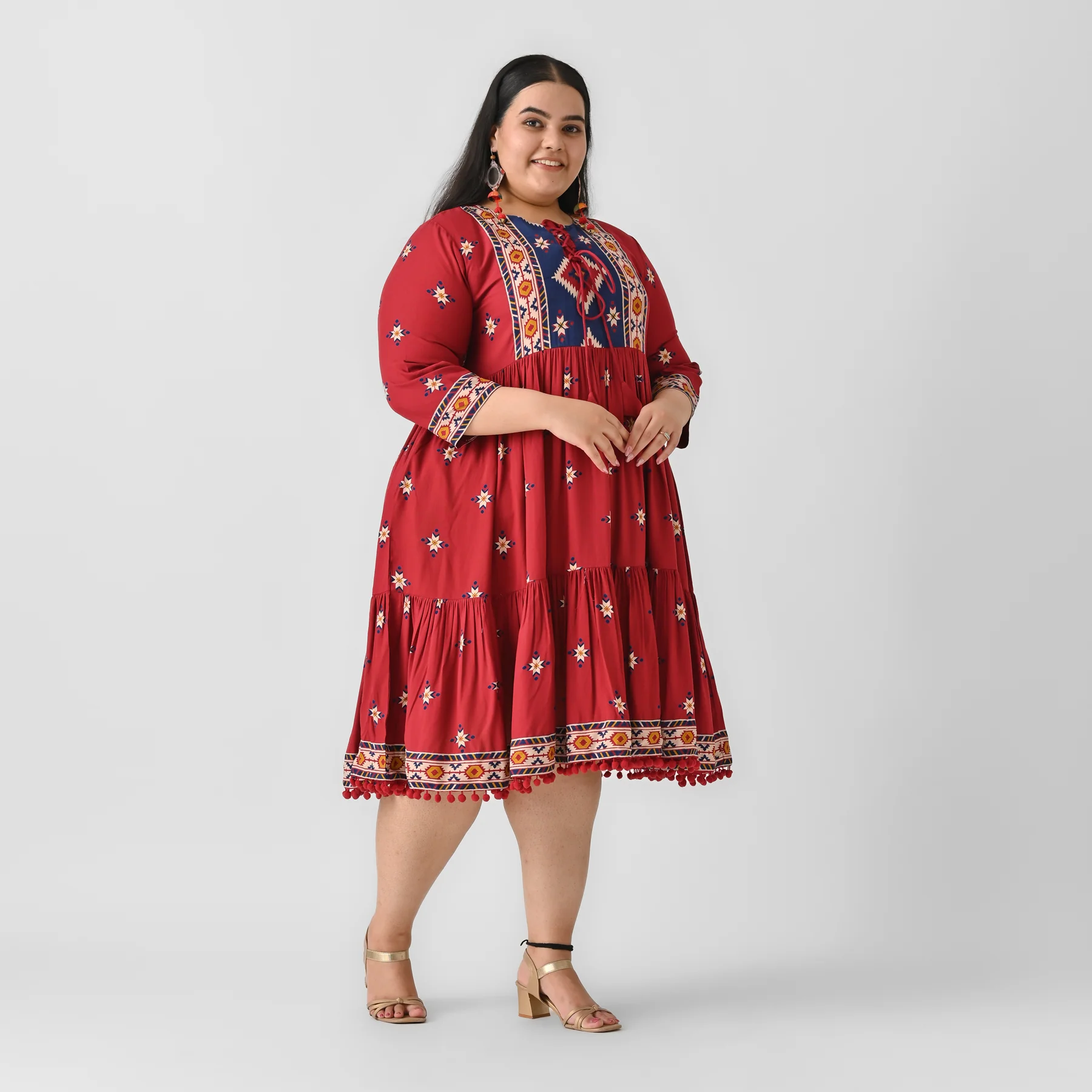 Maroon Abstract Print Tiered Dress with Tie up Detail - SOM - Image 3