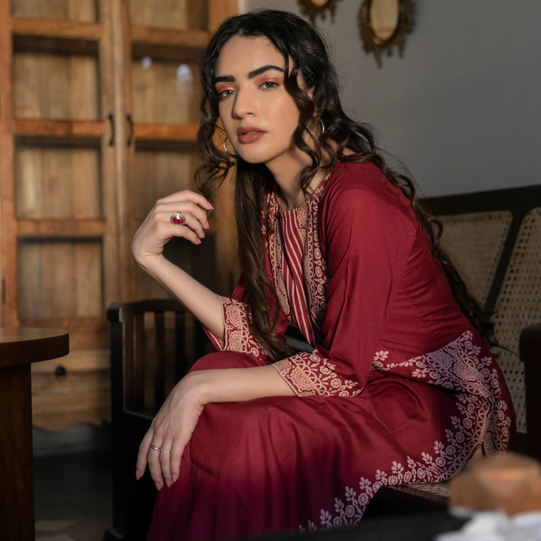 Maroon & Beige Border Printed Front Gather Kurta Palazzo Co-ord Set - Image 2