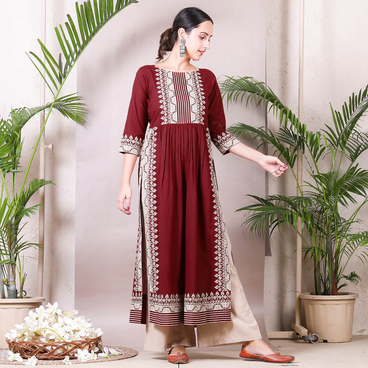 Maroon & Beige Border Printed Front Gather Kurta Palazzo Co-ord Set - Image 3