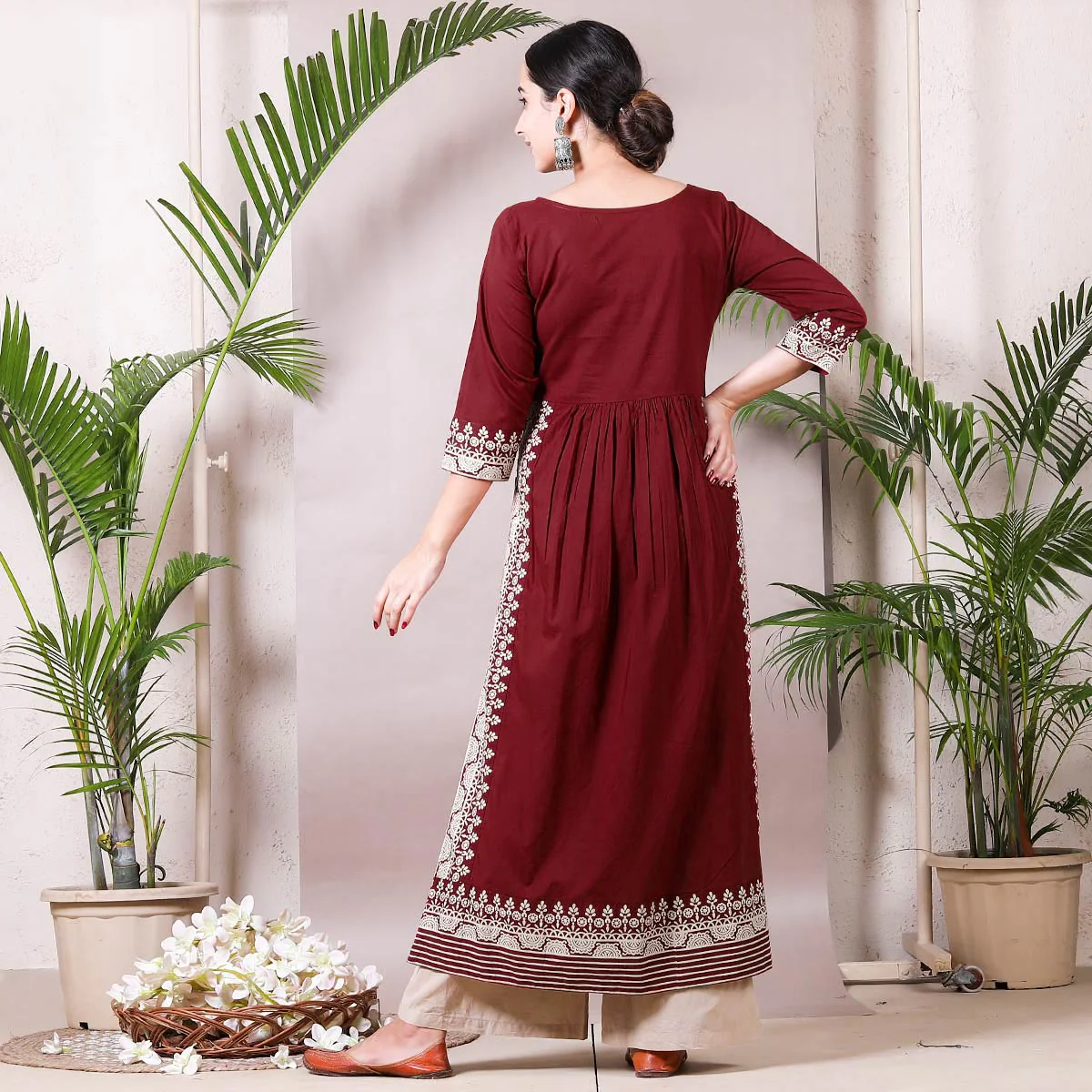 Maroon & Beige Border Printed Front Gather Kurta Palazzo Co-ord Set - Image 4