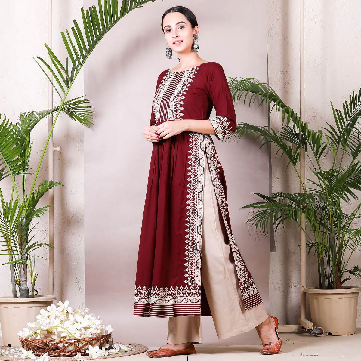 Maroon & Beige Border Printed Front Gather Kurta Palazzo Co-ord Set - Image 5