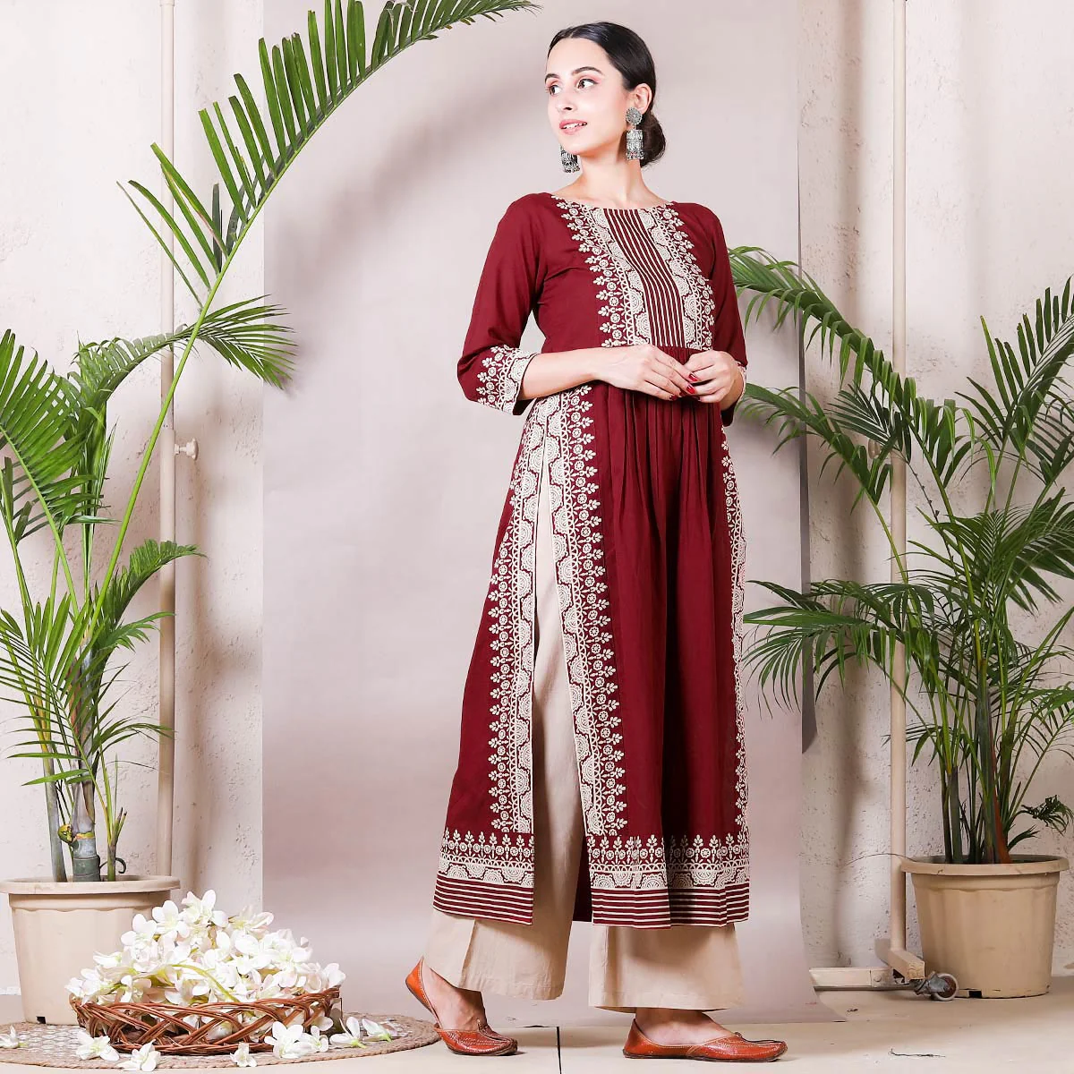 Maroon & Beige Border Printed Front Gather Kurta Palazzo Co-ord Set - Image 6