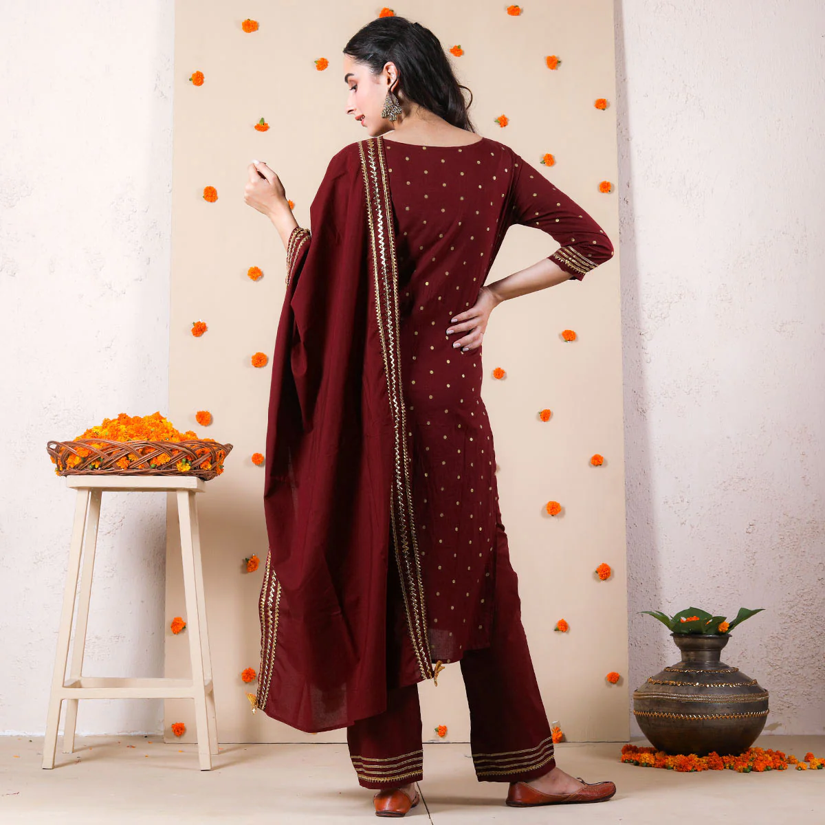 Maroon Bindi Kurta Set with Dupatta & Gota Work - Image 4