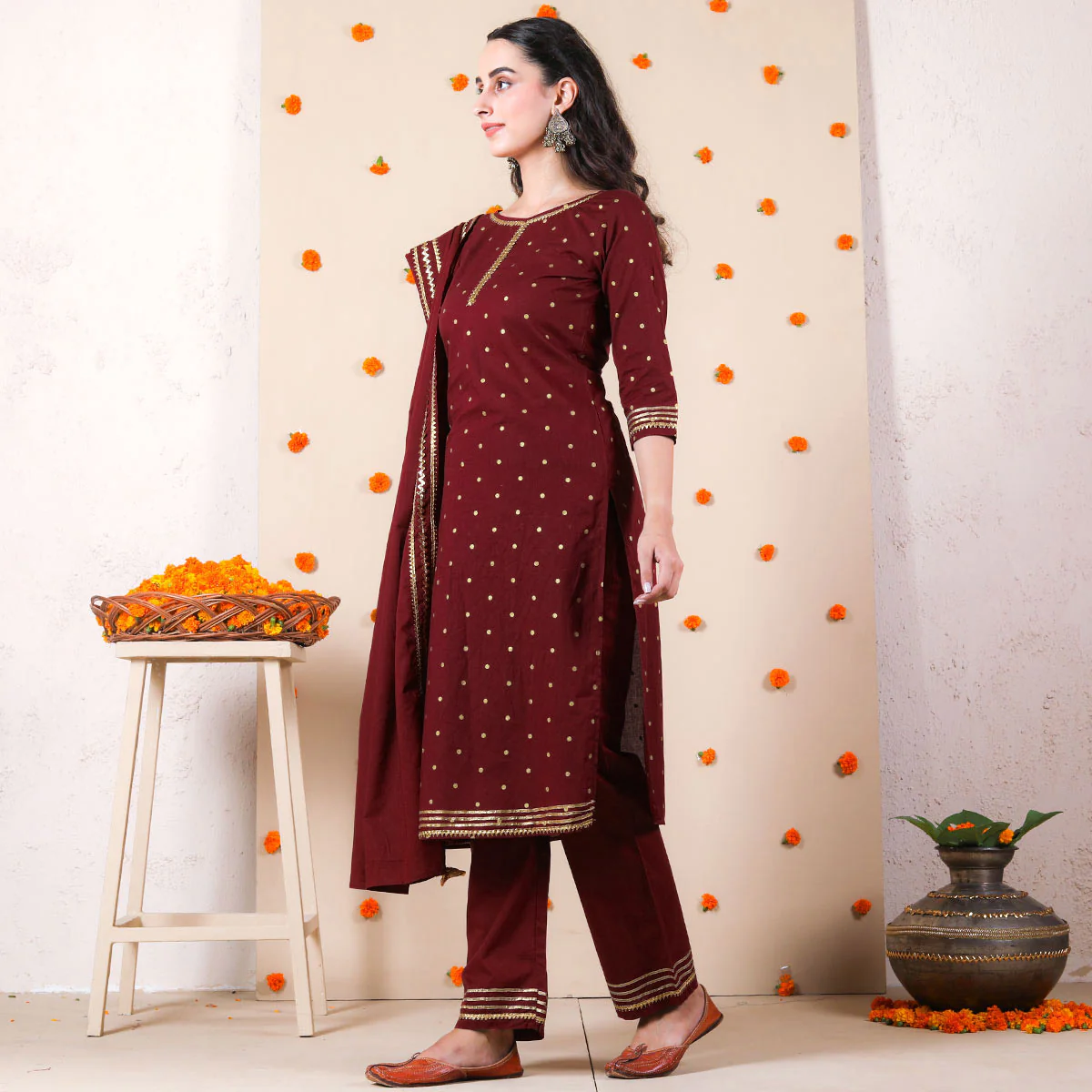 Maroon Bindi Kurta Set with Dupatta & Gota Work - Image 5
