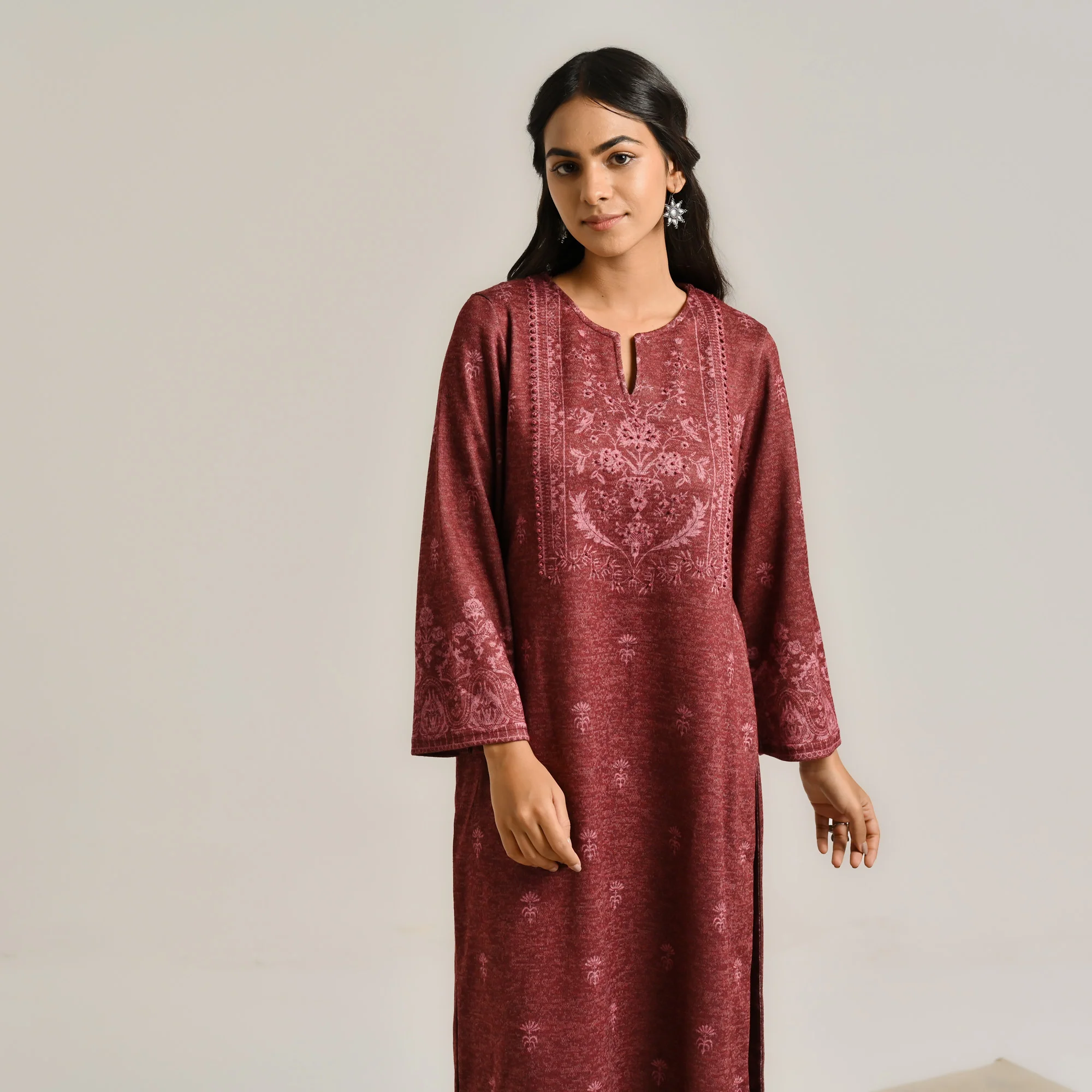 Maroon Contemporary Embroidered Woollen Kurta