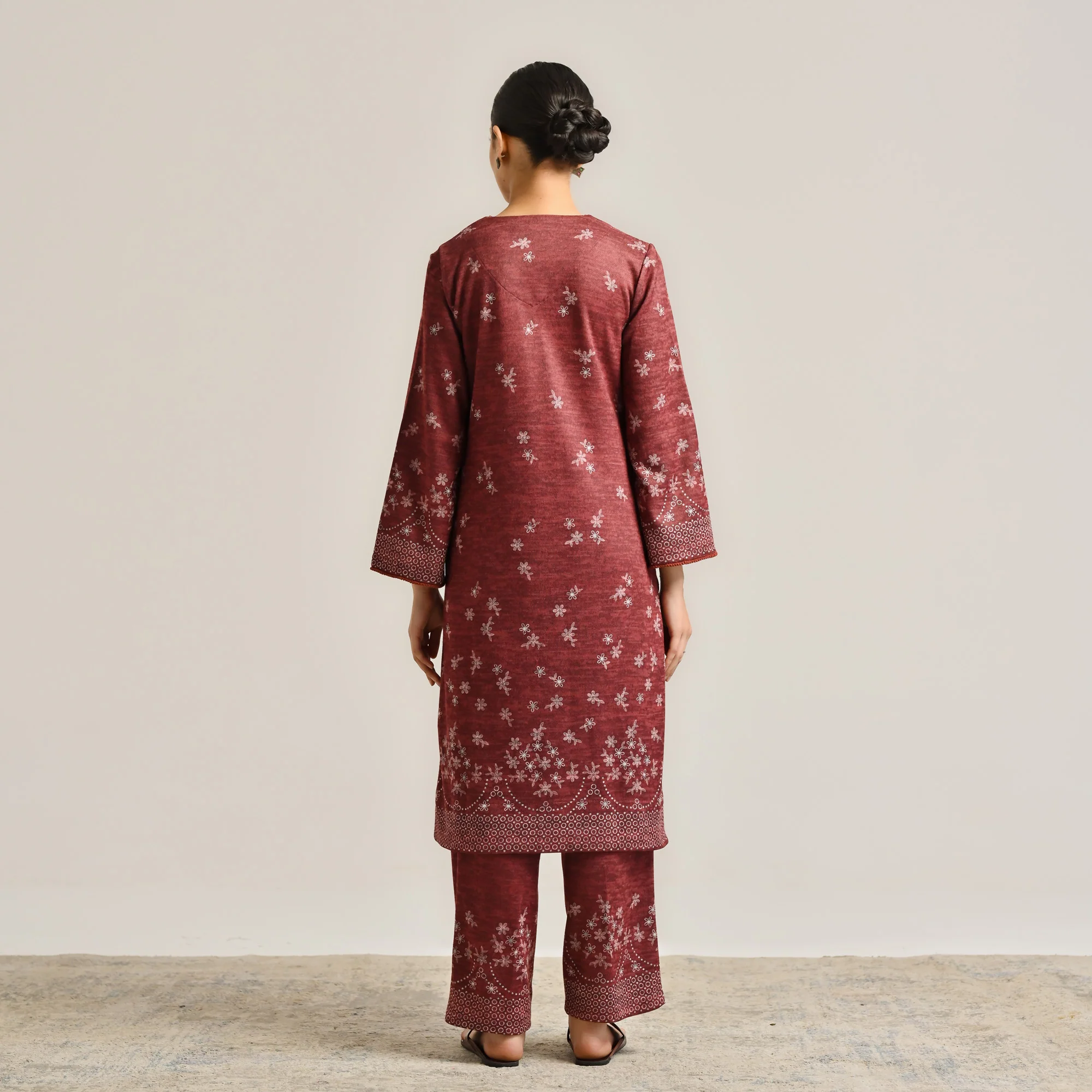 Maroon Contemporary Woollen Kurta with Lace Detail - Image 10