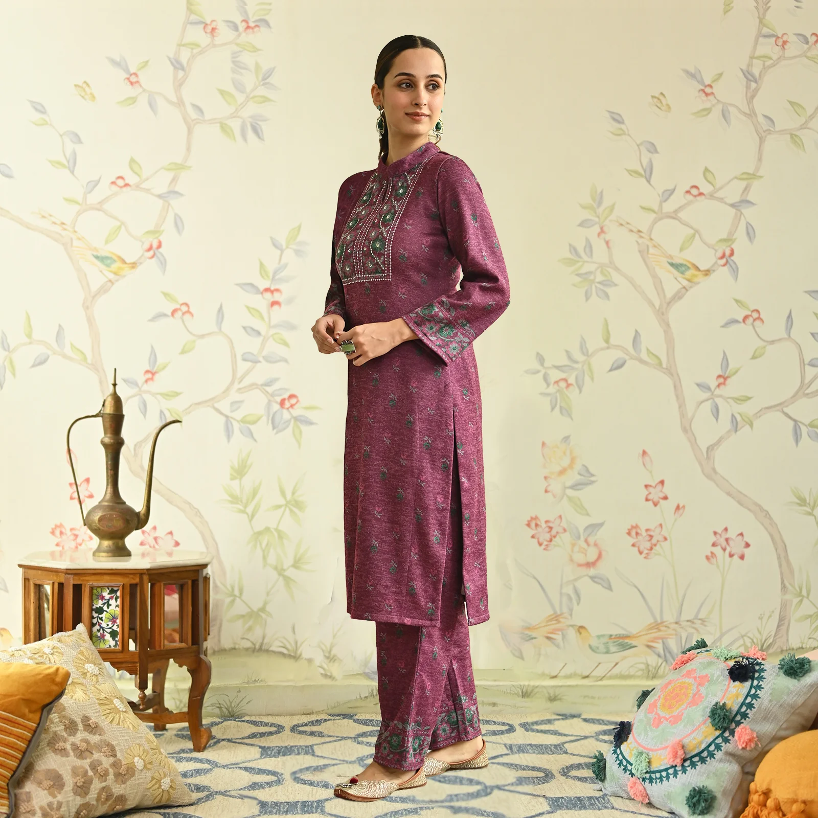 Maroon Embroidered & Floral Printed Woollen Kurta Pant Set - Image 3