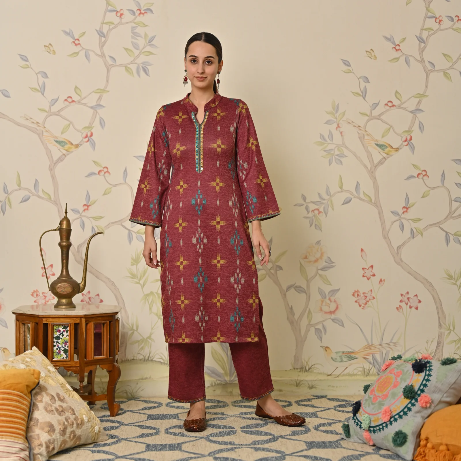 Maroon Embroidered & Ikat Printed Woollen Kurta - Image 3