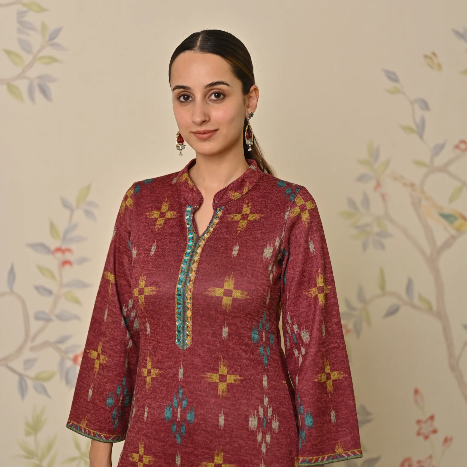 Maroon Embroidered & Ikat Printed Woollen Kurta - Image 4