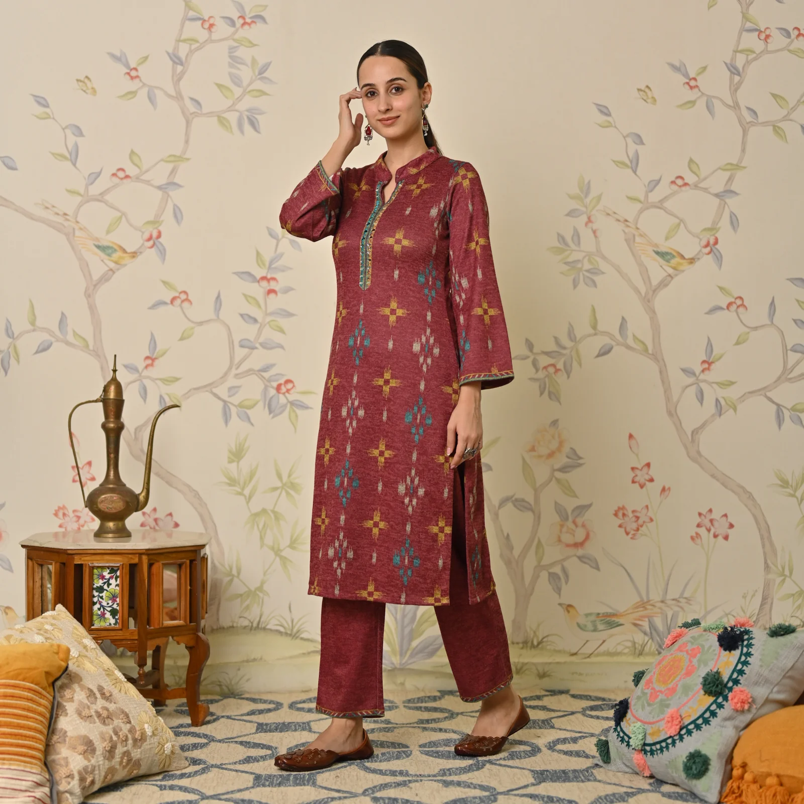 Maroon Embroidered & Ikat Printed Woollen Kurta - Image 5