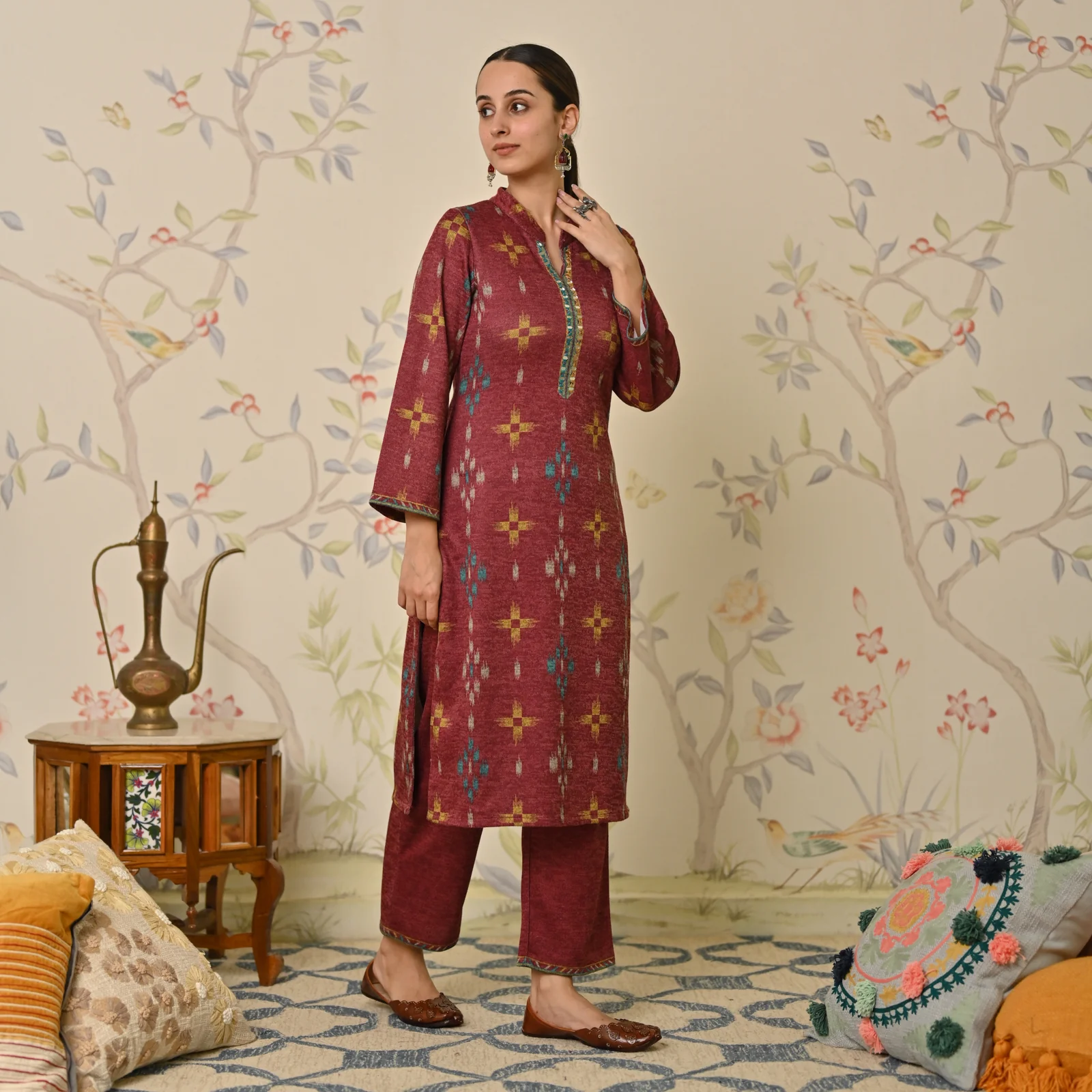 Maroon Embroidered & Ikat Printed Woollen Kurta - Image 6