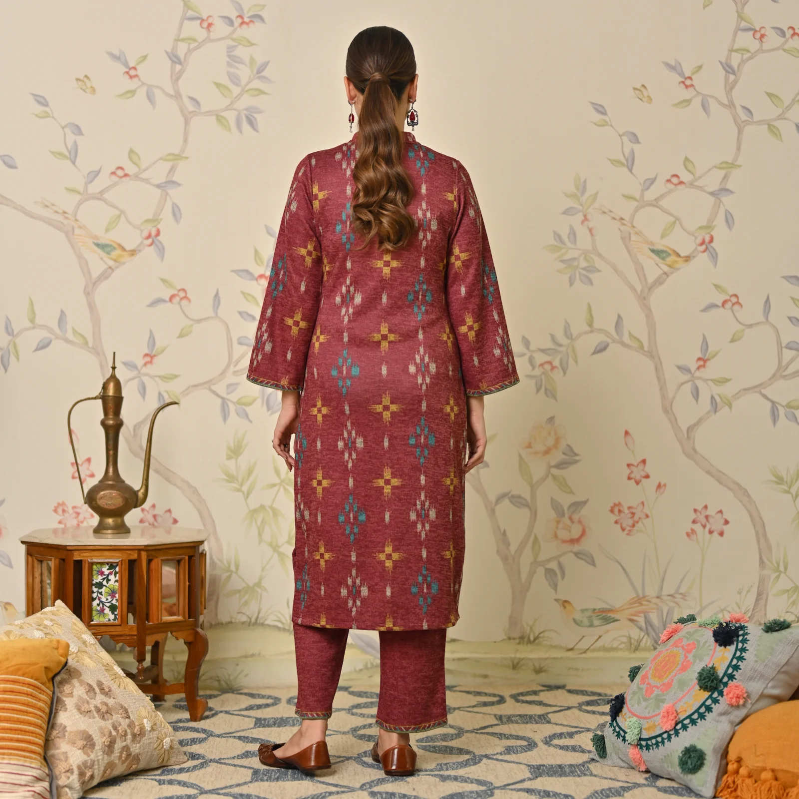 Maroon Embroidered & Ikat Printed Woollen Kurta - Image 7