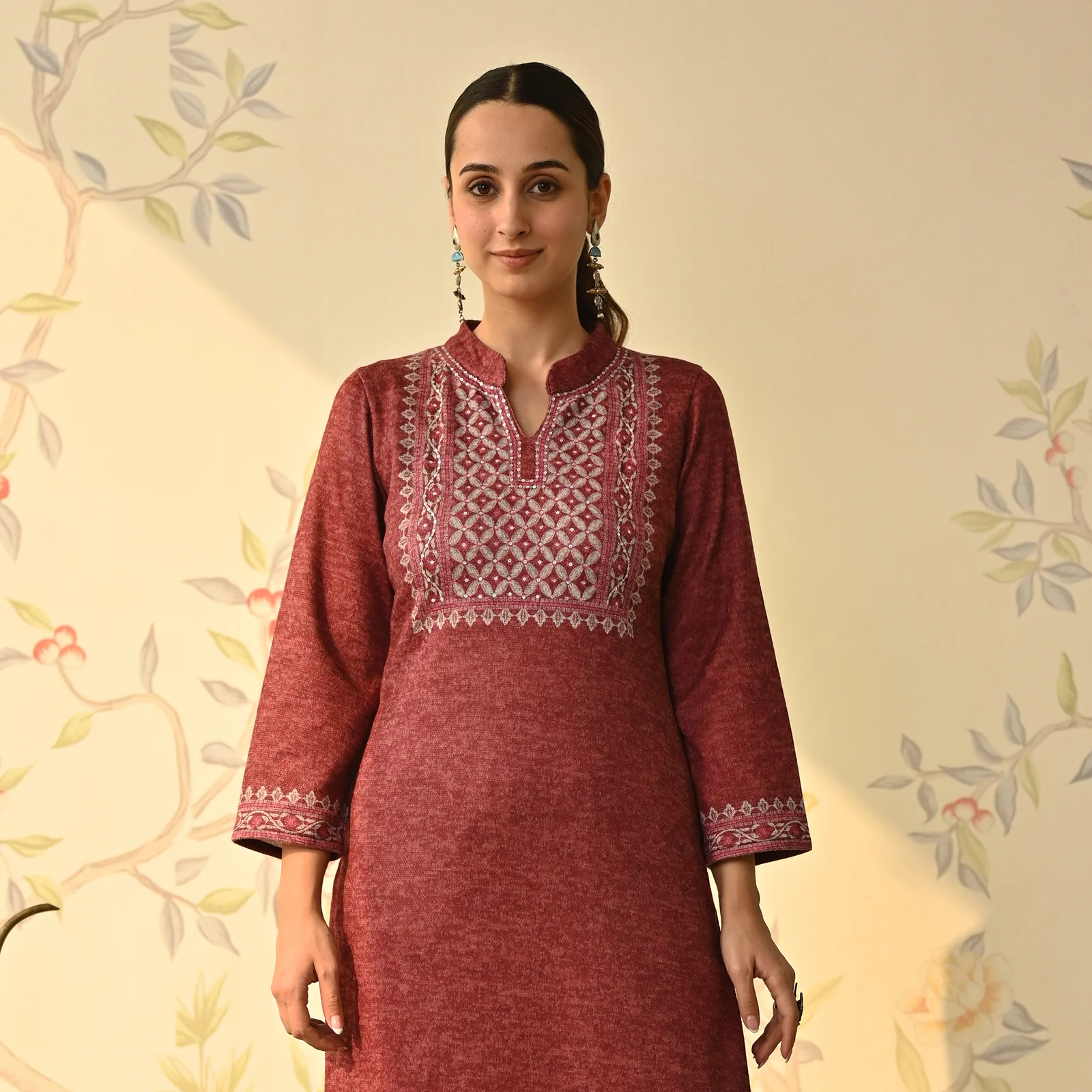 Maroon Embroidered & Monotone Woollen Kurta Pant Set - Image 2